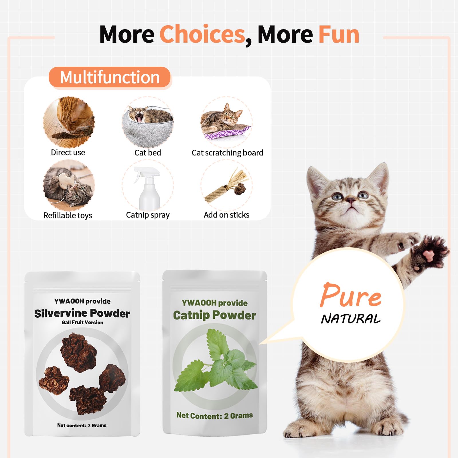 YWAOOH Cat Toys, 6 Silvervine Chew Sticks & 1PCS Organic Catnip & 1PCS Silvervine Powder, Cat Dental Toys for Kitten Teeth Clean