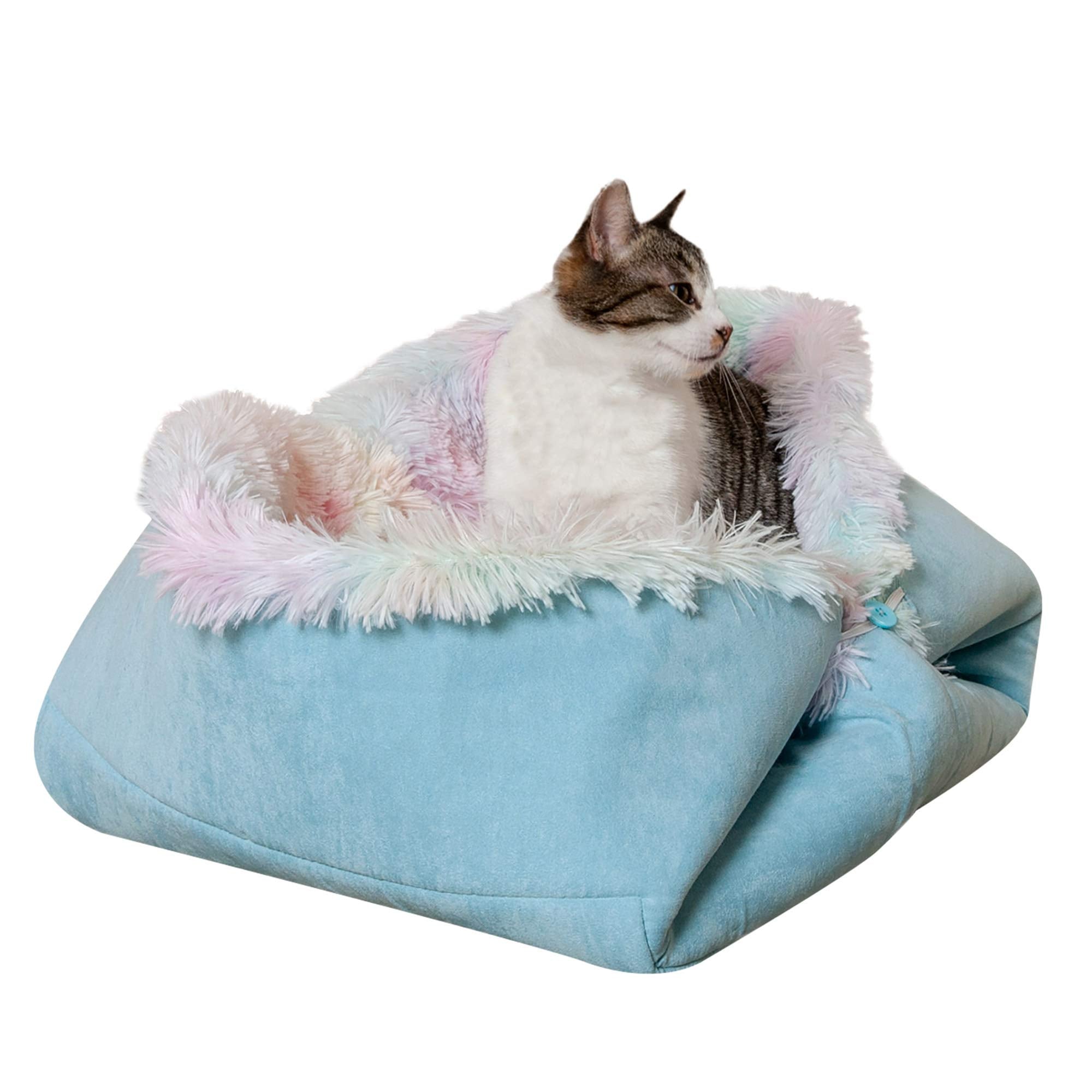 Furhaven Self-Warming Cat Bed for Indoor Cats, 4-Beds-in-1 & Washable - Plush Long Faux Fur Convertible Cuddler - Rainbow, Large