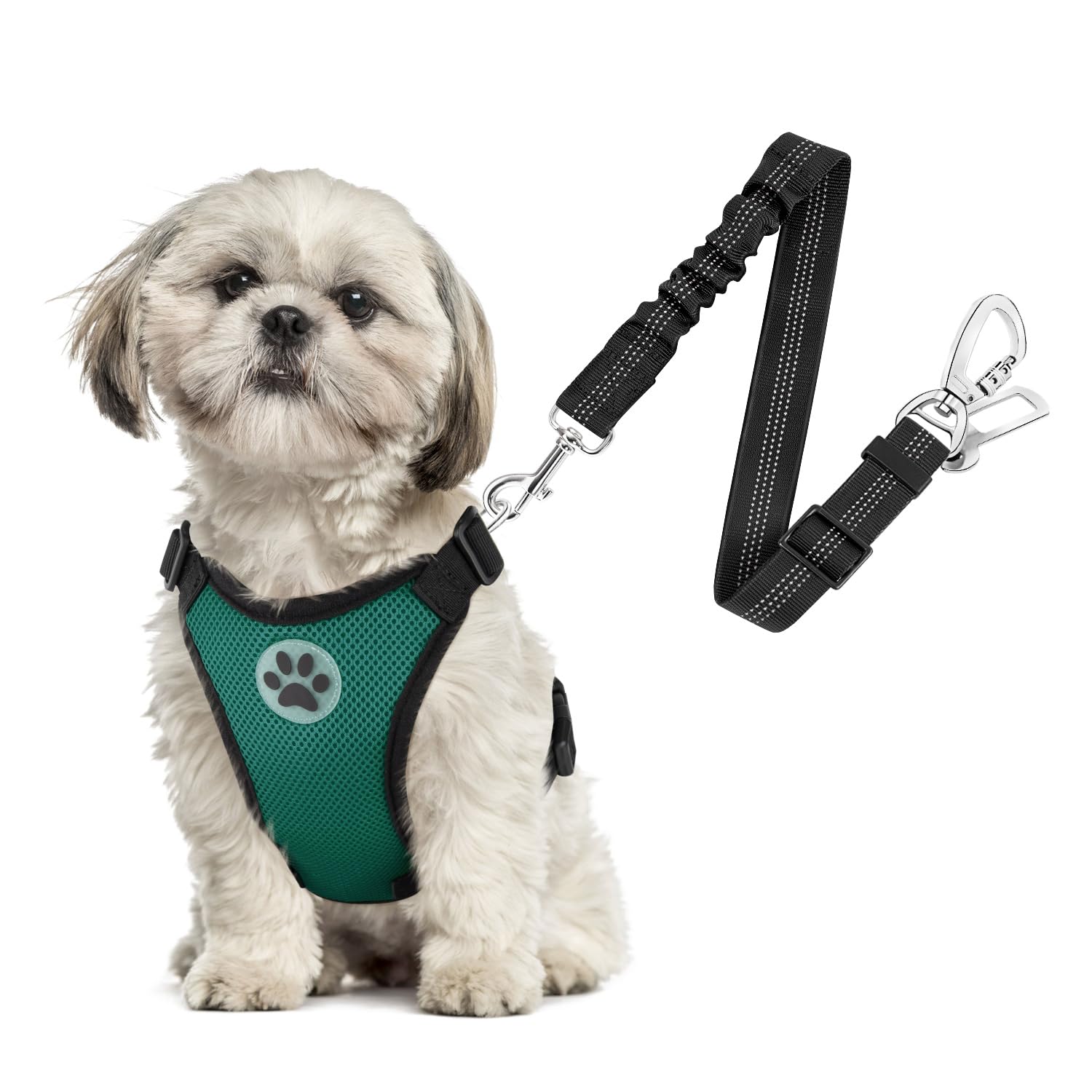 Slowton Dog Seat Belt Harness For Car, Dog Car Harness Adjustable Mesh Breathable & Dog Seatbelt Safety Tether With Elastic Bungee For Small Medium Large Pets(Green, Double Clip, Xs)