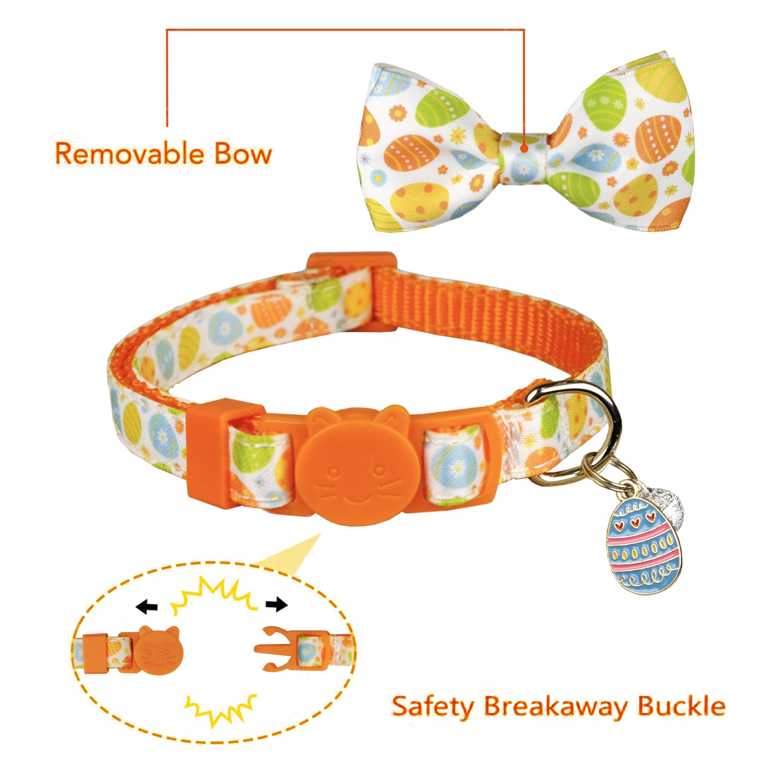 Easter Cat Collar With Bow Tie 2Pack Adjustable Breakaway Safety Collars, Bunny And Easter Egg Patterns, Soft Nylon For Small &