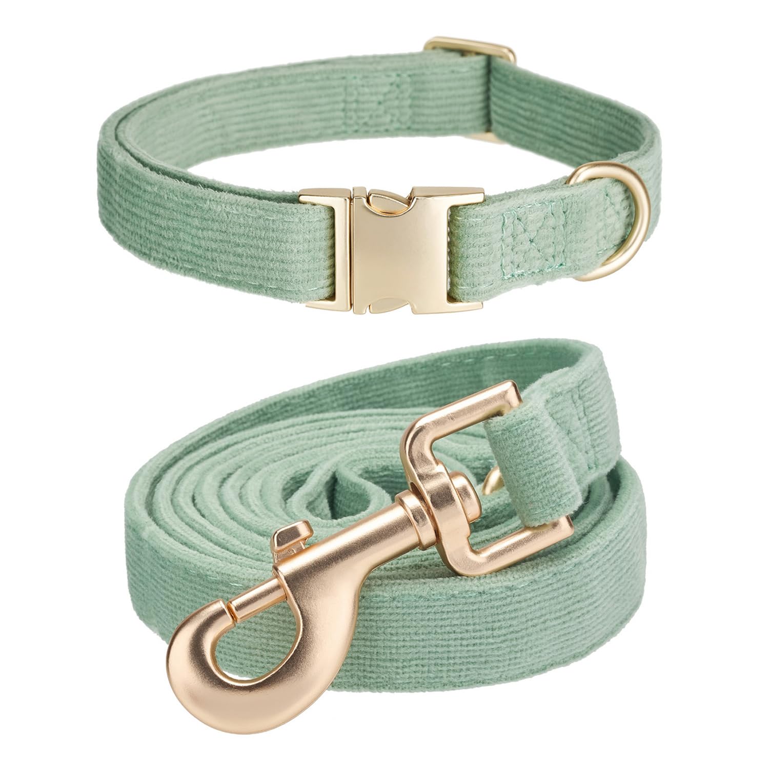 Ewinoom Soft Corduroy Dog Collar and Leash Set, Adjustable Cotton Dog Collars with Metal Buckle and Lead for Small Dogs,Grass Gr
