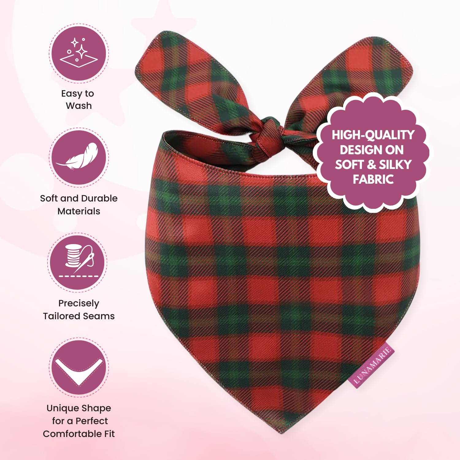 LunaMarie - Luxury Pet Birthday Bandanas -Premium & Silky Poly Fabric | 100% Handmade | Custom Shape Dual Layered (Jingle Plaid,
