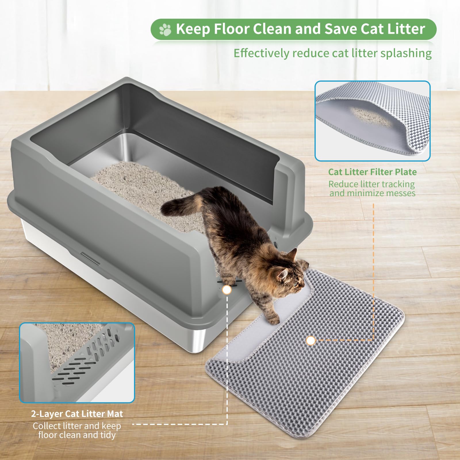 Stainless Steel Cat Litter Box With Lid, 28''X20''X14'' Xxl Extra Large High Sided Enclosure Metal Cat Litter Box, Anti-Leakage,