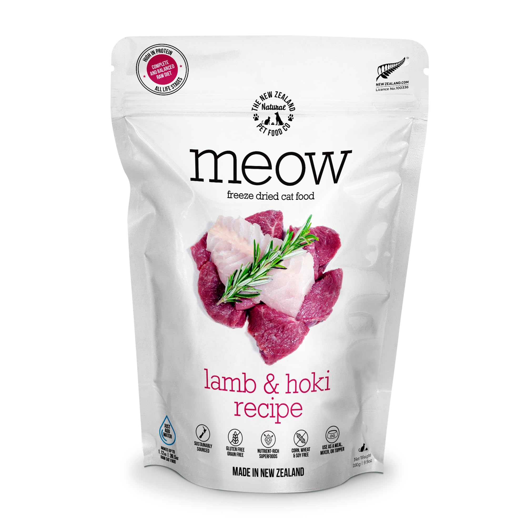 The New Zealand Natural Pet Food Co. Meow Lamb & Hoki Freeze Dried Raw Cat Food, Mixer, or Topper, or Treat - High Protein, Natu