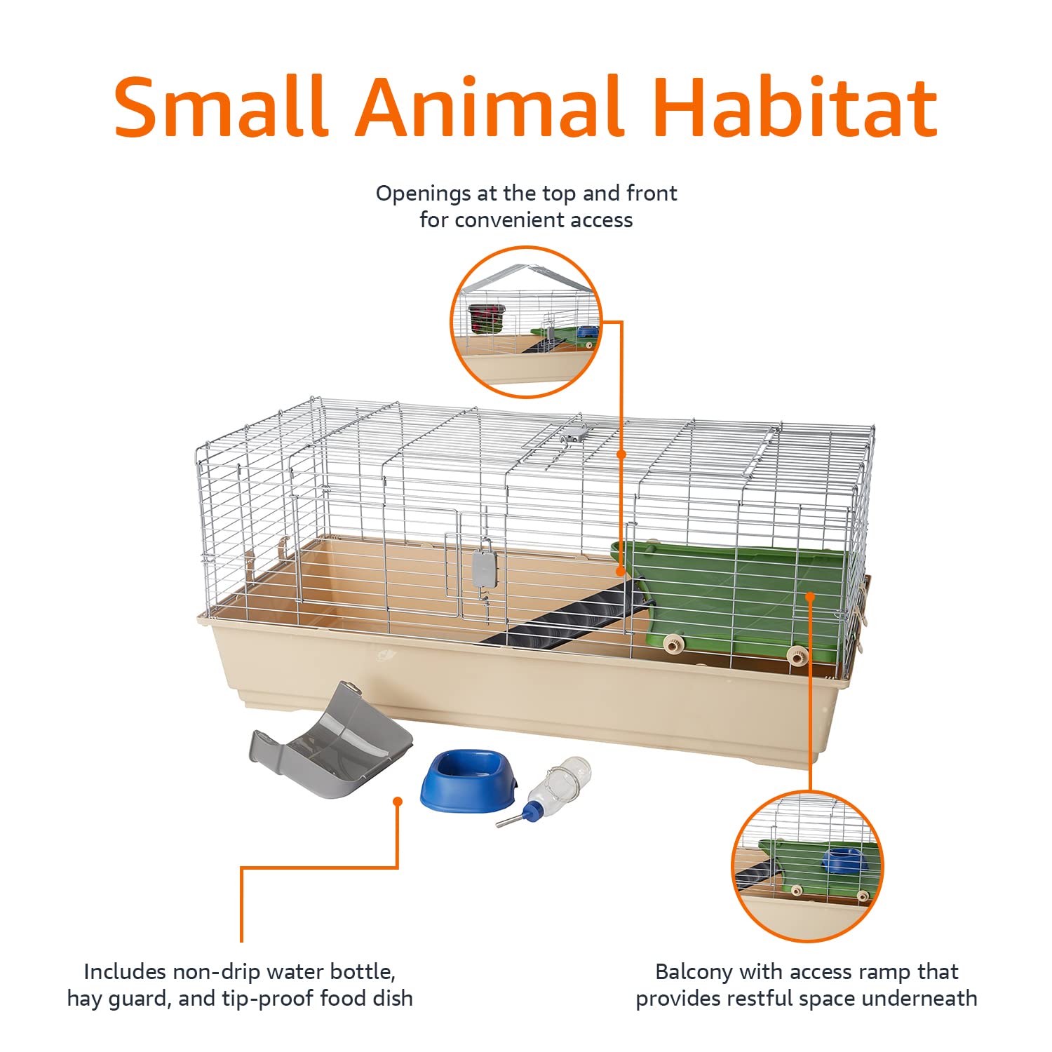 Amazon Basics Top Access Small Animal, Rabbit & Guinea Pig Cage, Ferret Cage Habitat With Accessories, Jumbo, Multicolor, 48.6''