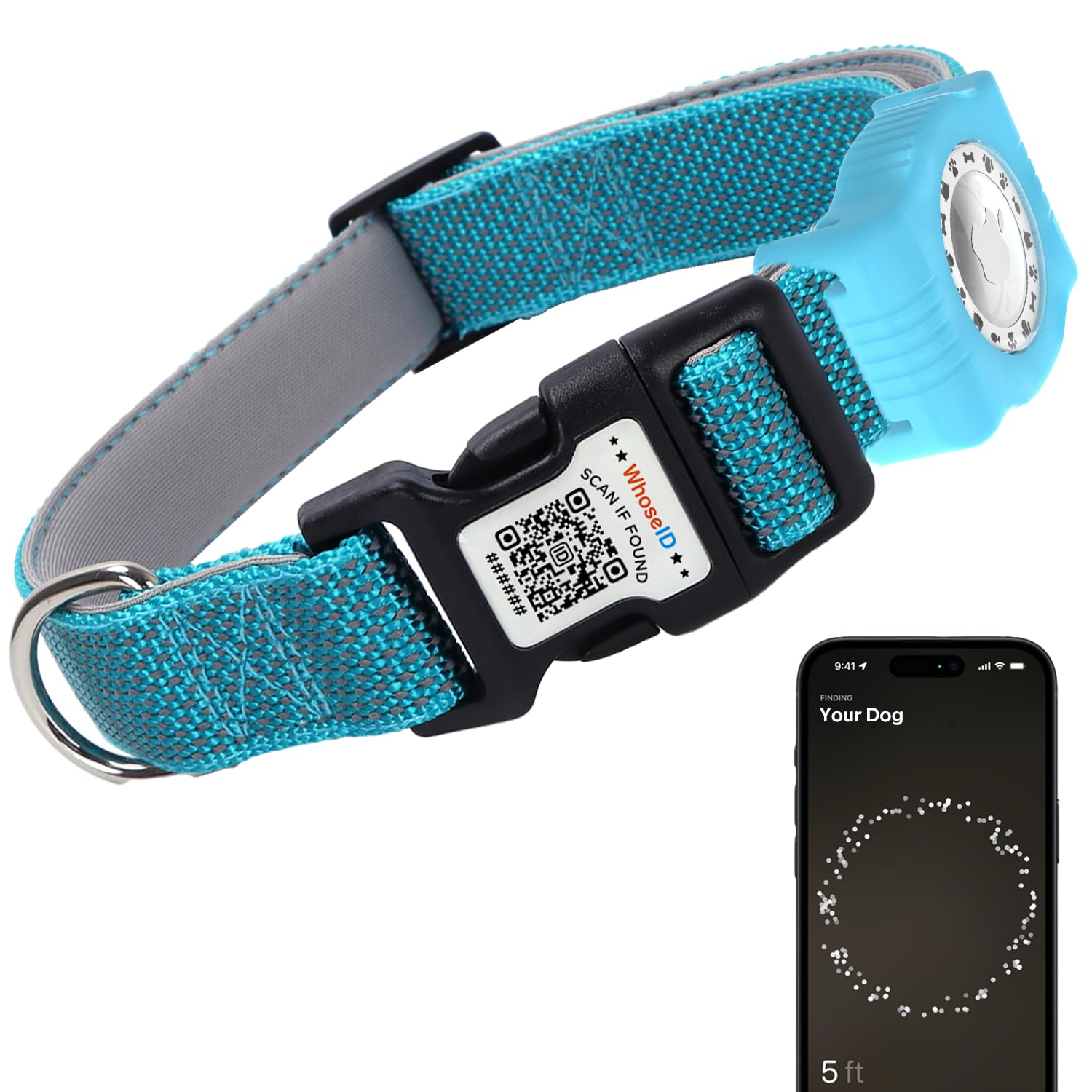 Whoseid Reflective Dog Collar With Airtag Holder,Adjustable Dog Collar With Neoprene Padded & Anti-Lost Qr Code Buckle (Blue, Me
