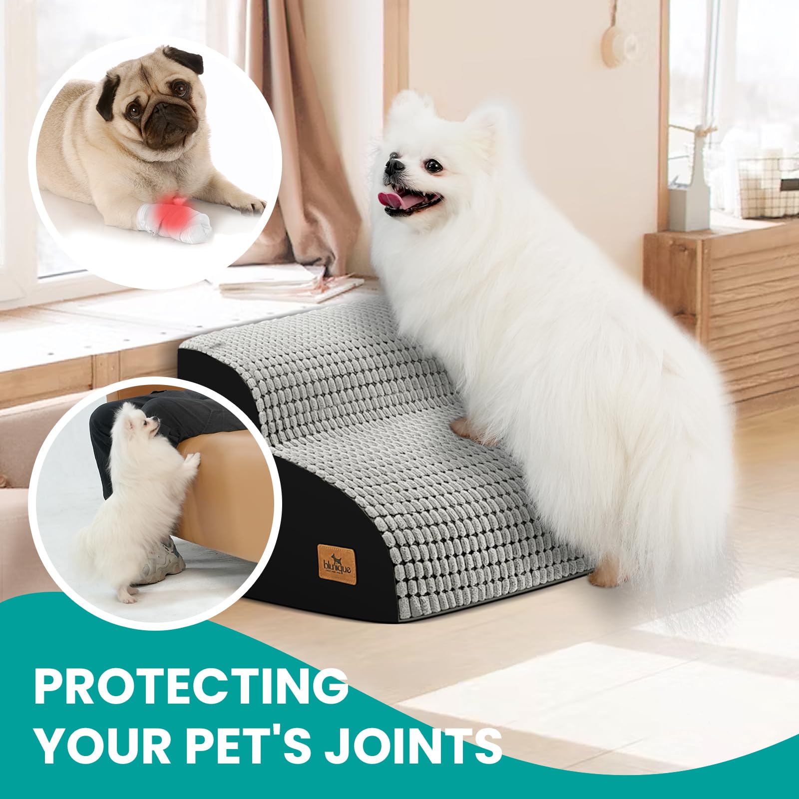 blunique Dog Stairs for Small Dogs, 11.8 in H 2 Step Curved Dog Ramp for Bed and Couch, Foam Dog Ramp with Durable Non-Slip Wate