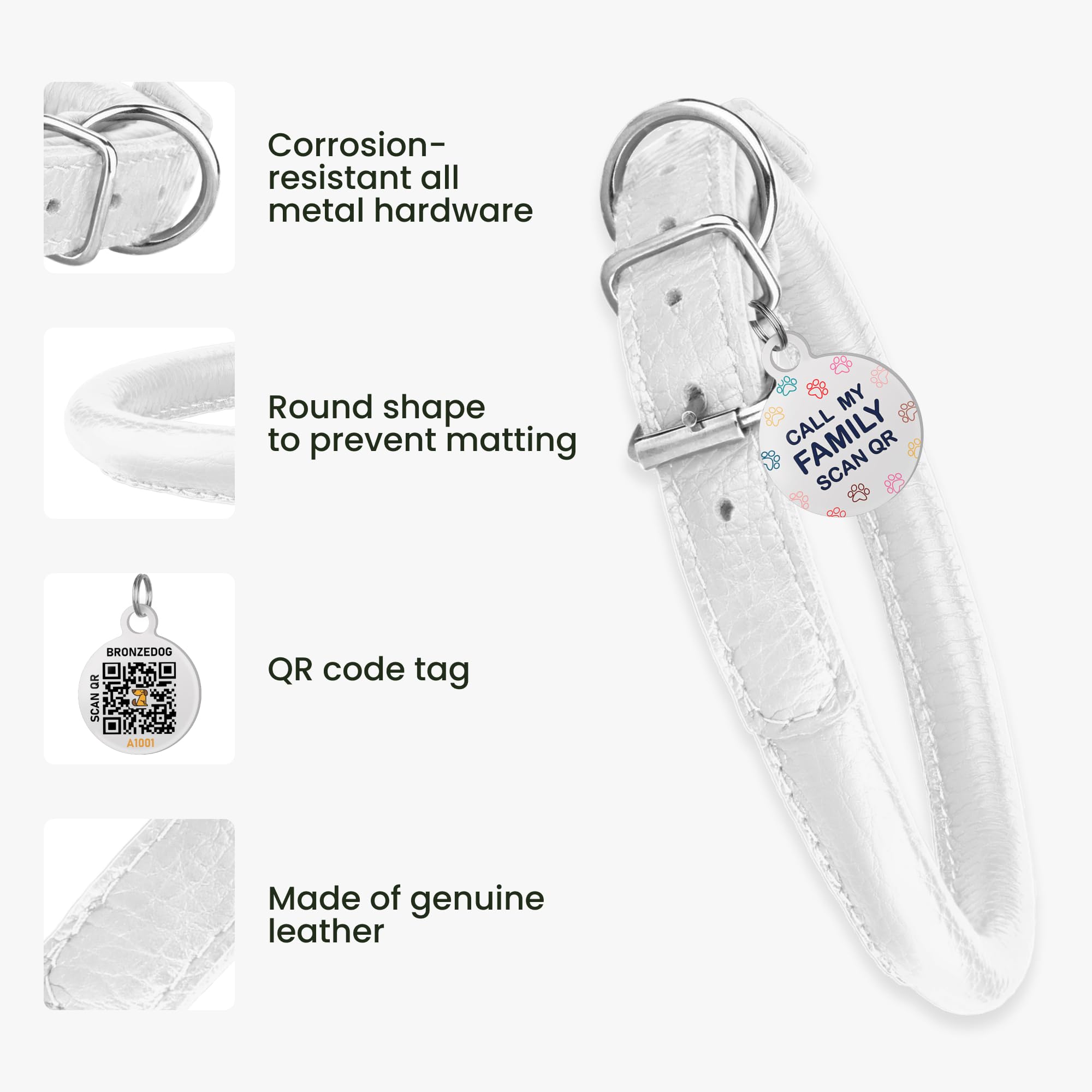 Rolled Leather Dog Collar Soft Round Collars, Id Tag For Small Medium Large Dogs (7-10 Inch, White & Silver Buckle)