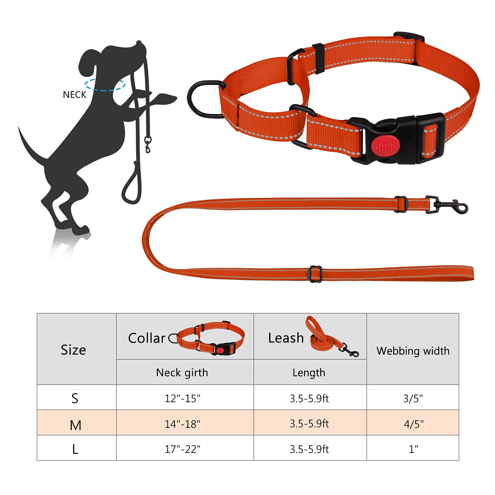 Martingale Dog Collar And Leash Set Martingale Collars For Dogs Reflective Martingale Collar For Small Medium Large Dogs(Orange&M)