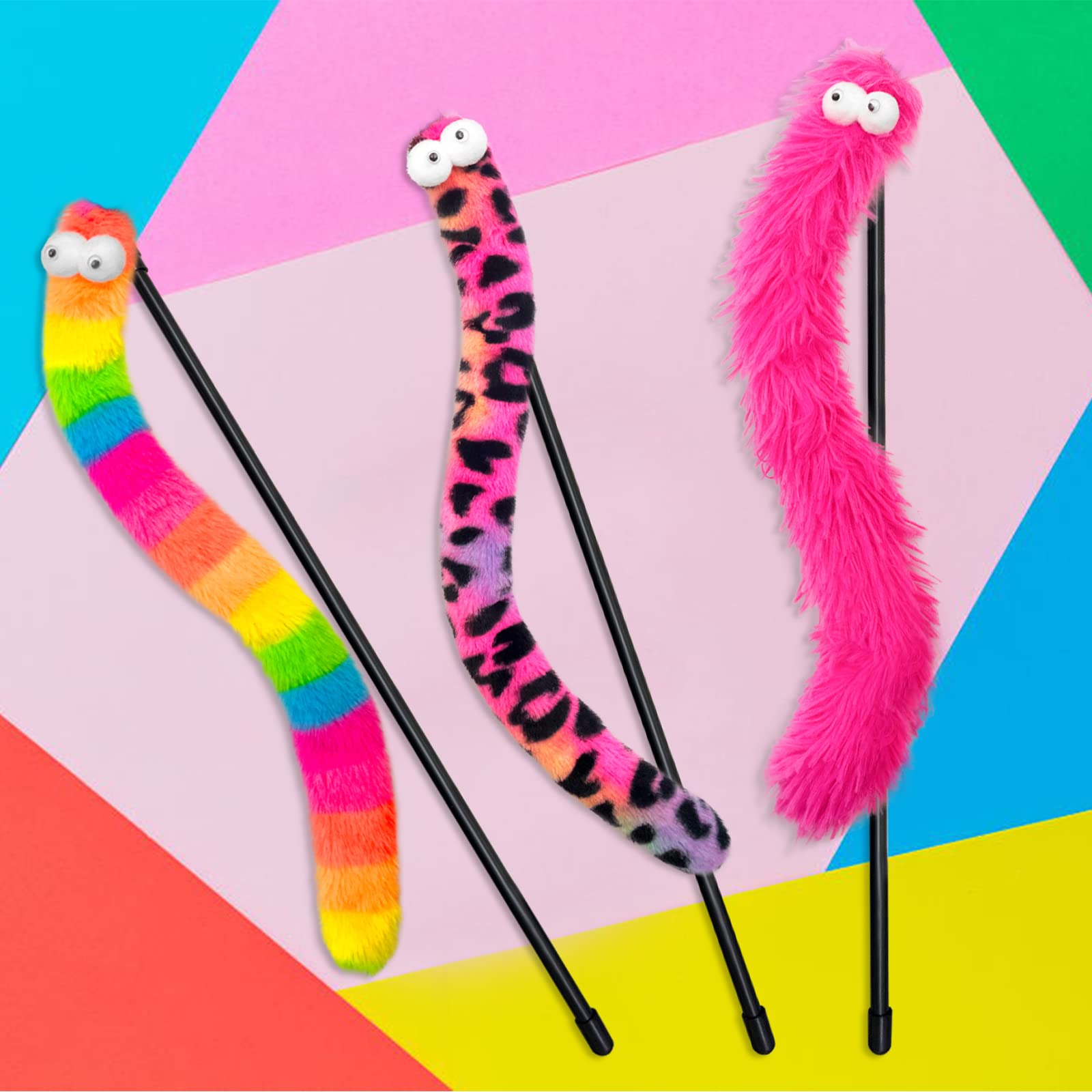 Lepawit 3 Pack Cat Wand Toy, Rainbow Cat Feather Toys With Bells, Teaser Wand With Soft Furry Tail, Interactive Toys For Indoor