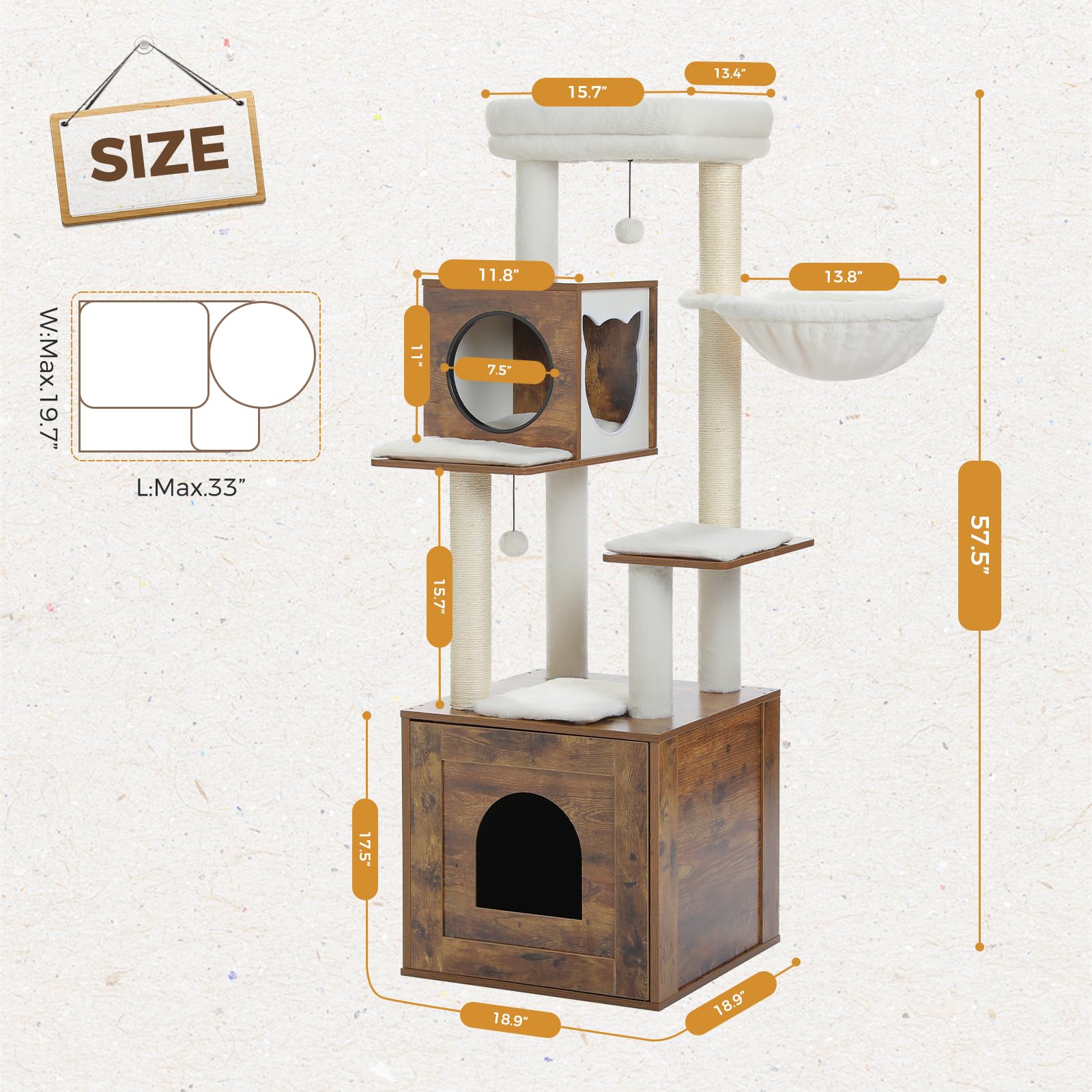 Miomum Tall Cat Tree With Litter Box Enclosure 57.5' Wooden Cat Tower For Large Cats With Cat Hammock House Bed (Wood Walnut)