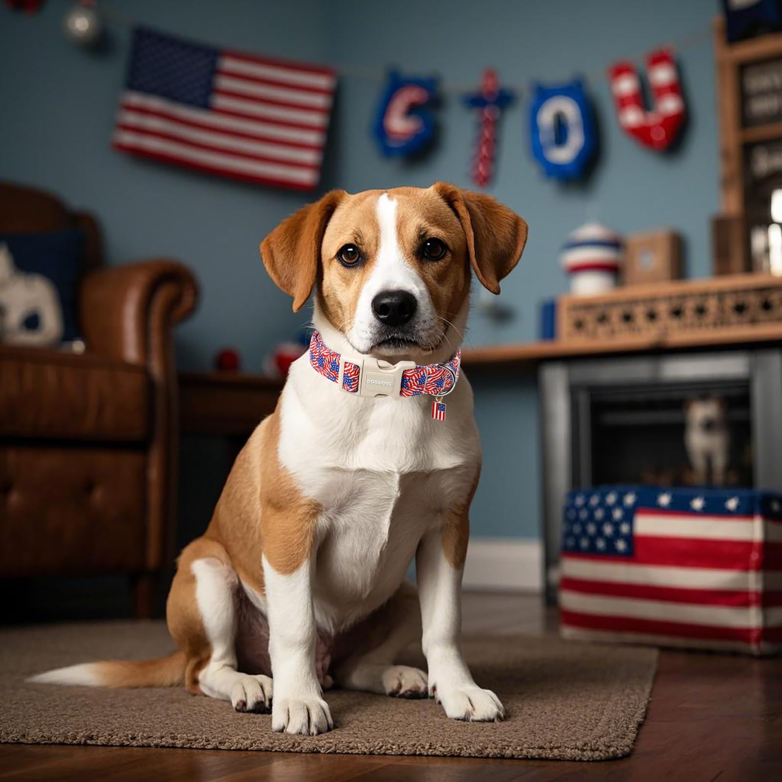 Dogwong American Flag Dog Collar, Patriotic Independence Day Dog Collar Soft Fabric Pet Dog Collars, Boy Red White And Blue Neck
