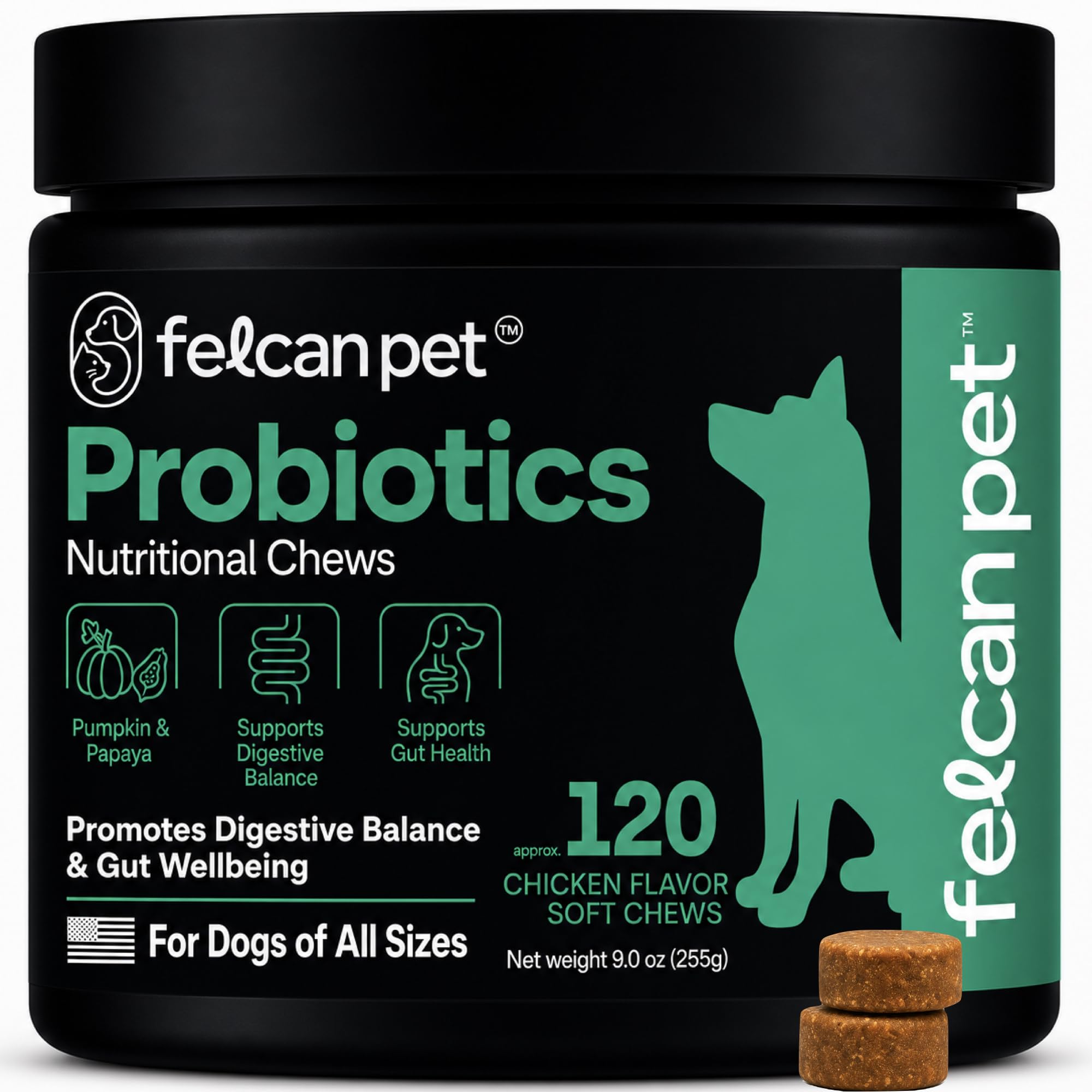 Felcan Pet Probiotics For Dogs Soft Chews With Pumpkin, Papaya & Prebiotic Inulin - Dog Probiotic With 6-Strain Blend - Supports