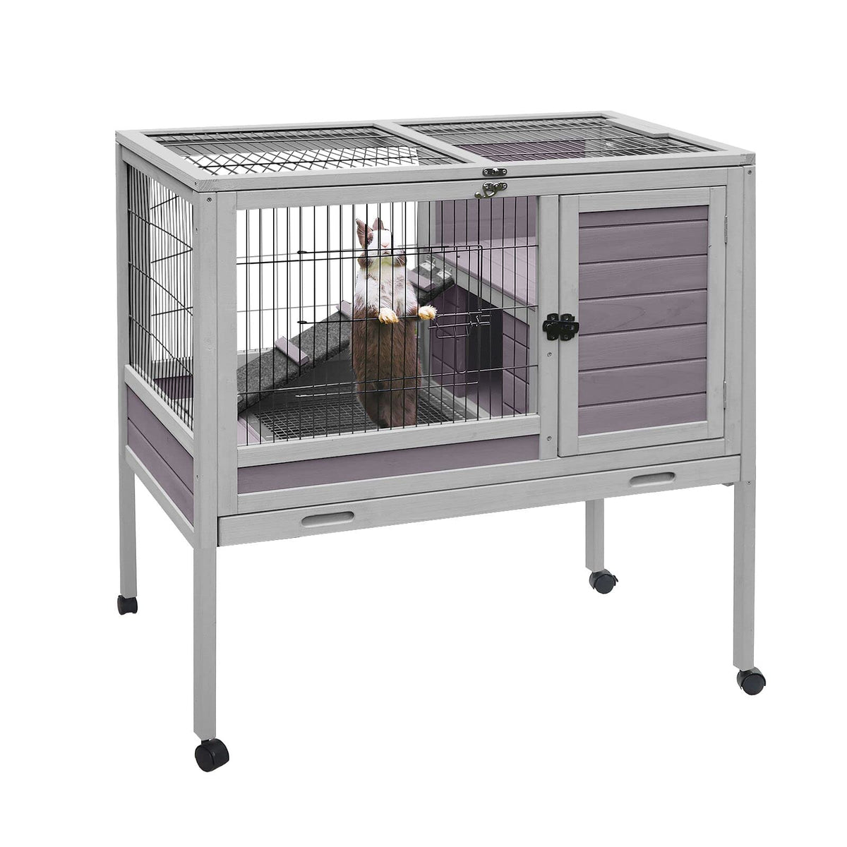 Aivituvin Rabbit Hutch Indoor Bunny Cage Wooden Guinea Pig House With Wire Floor, Wheels, Leak-Proof Tray 35In