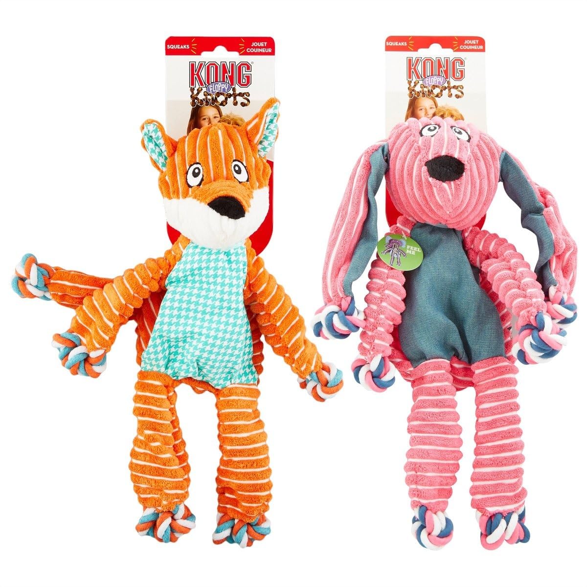 Kong Floppy Knots Combo Dog Toy - Fox And Bunny Bundle - Interal Knotted Rope With Squeakers And Less Stuffing - Medium/Large