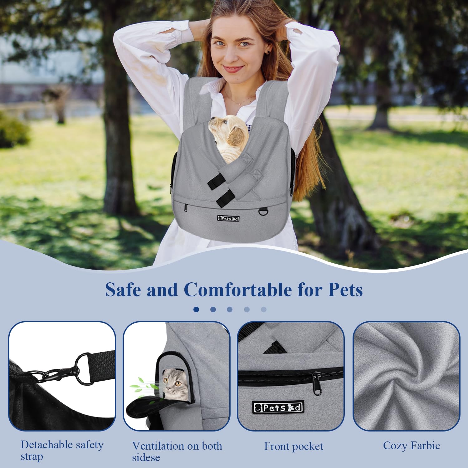 Petskd Dog Carrier Sling for Small Pet 5-15 LBS, Hands Free Front Facing Cat Sling Chest Carrier with Bottom Mat and Adjustable