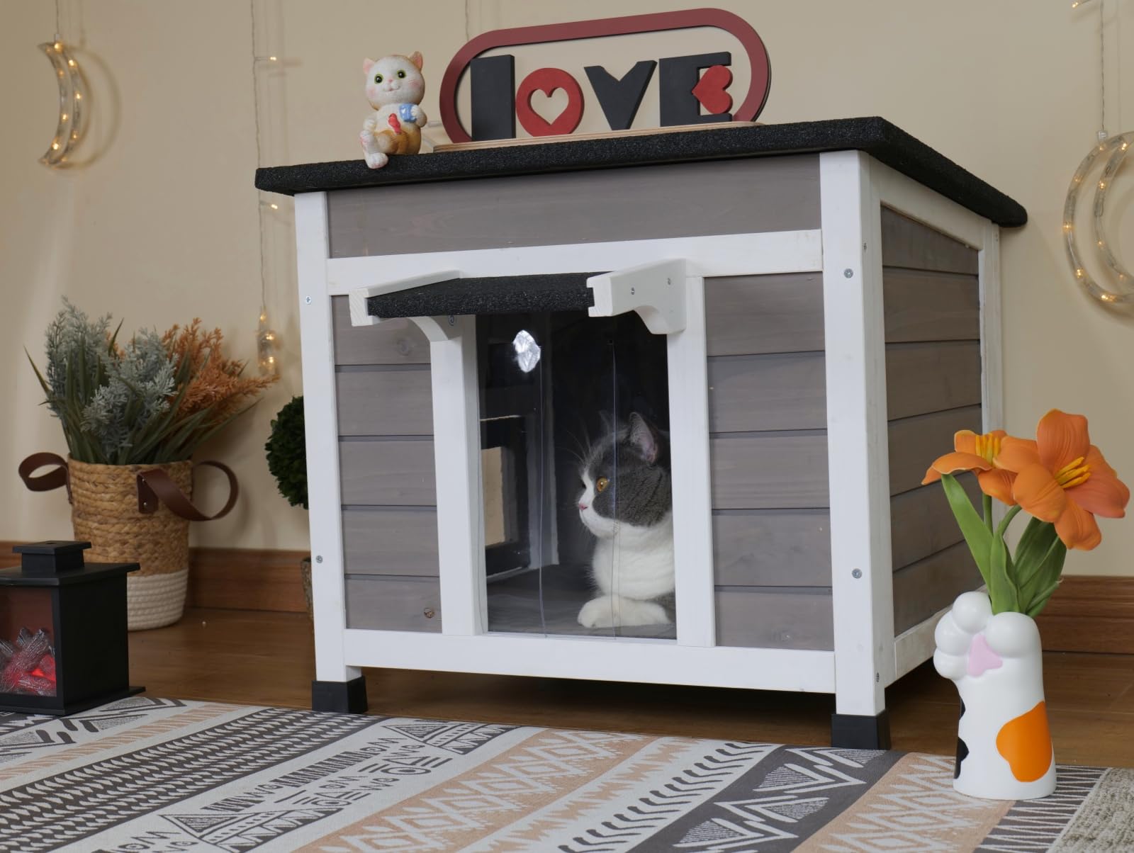 Funxplore Outdoor Cat House Insulated Feral Cat Shelter Weatherproof Outside Cat Enclosure For Winter Gray