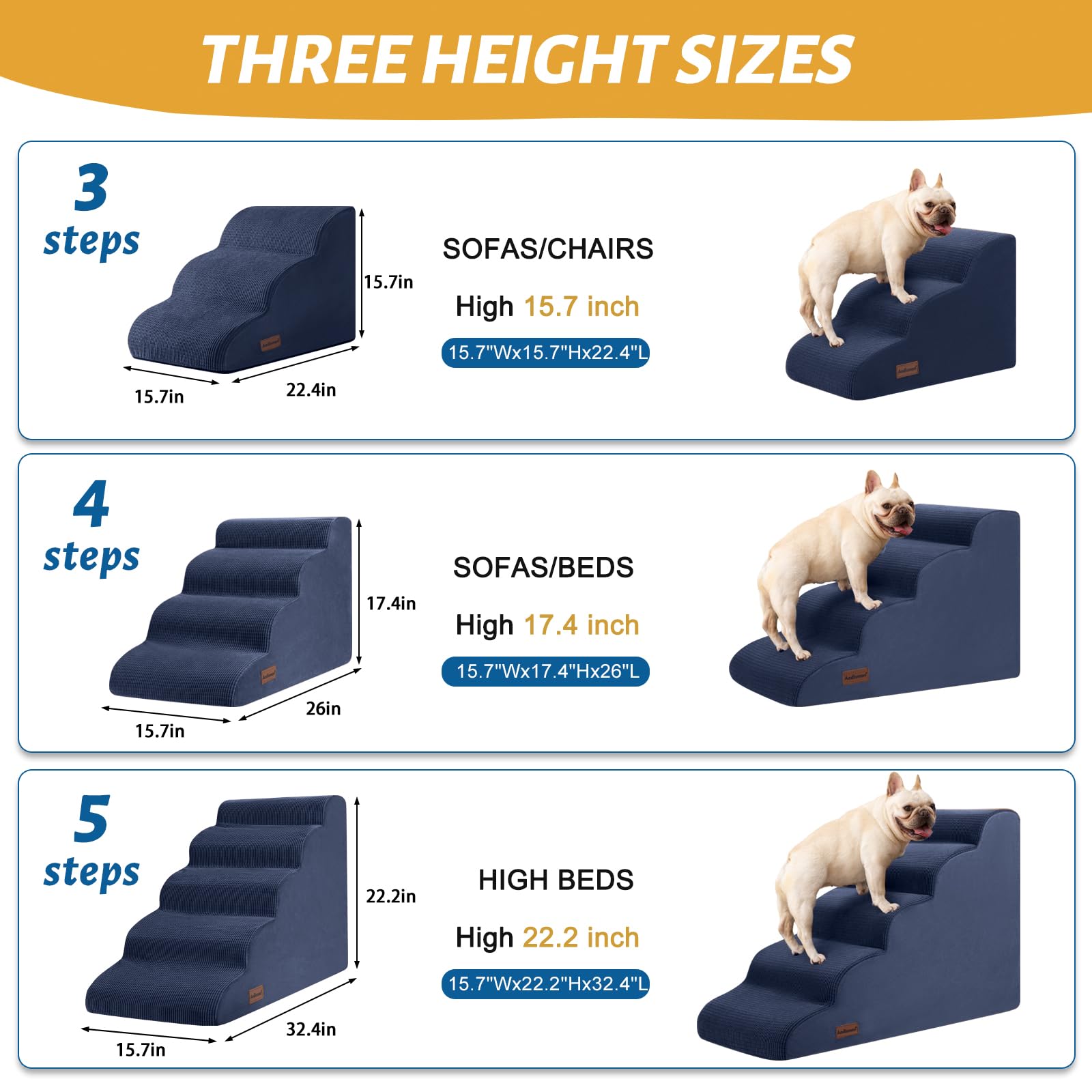 Aodisman 5-Step Dog Stairs & Ramp, Non-Slip Foam Pet Steps, 22.2" H, Blue