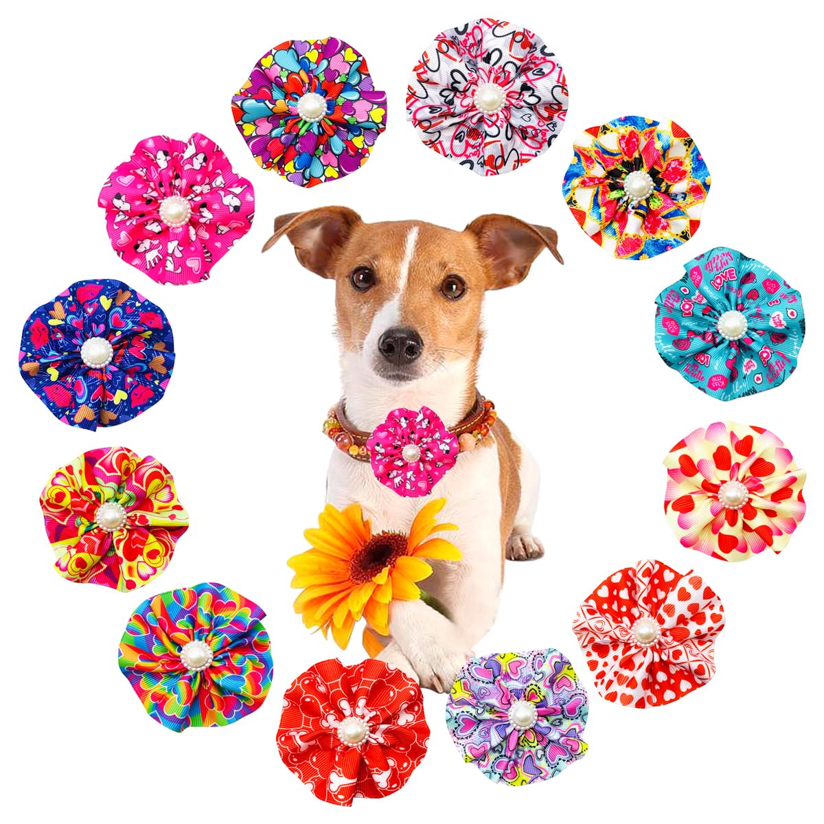 Jpgdn 12Pcs Small Dogs Collar Flowers Pink With Beads For Valentine'S Day For Puppy Doggy Cat Kitten Rabbit Bunny Grooming Attac