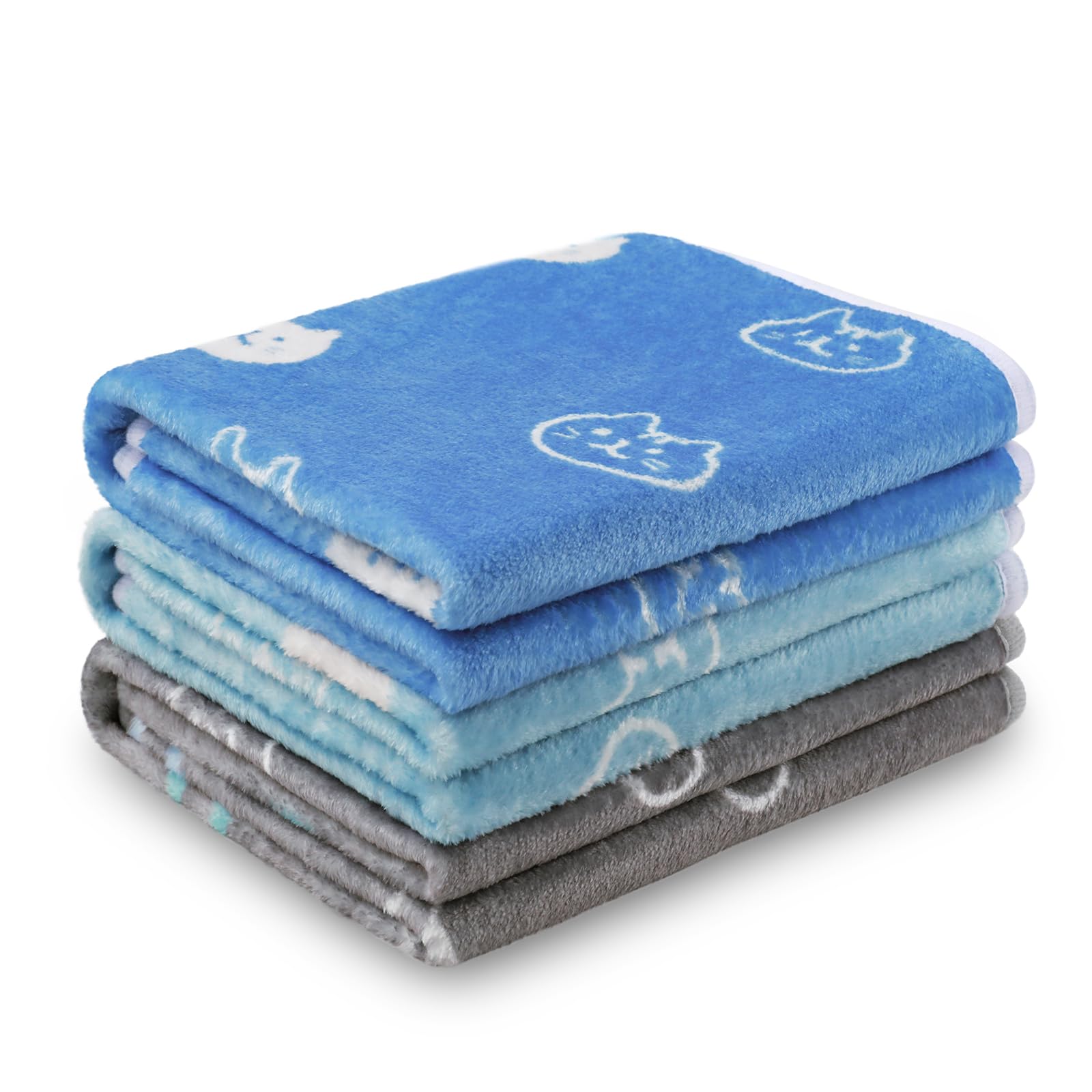 1 Pack 3 Blankets Super Soft Fluffy Premium Cute Cat Pattern Pet Blanket Flannel Throw for Dog Puppy Kitten Blue/Cyan/Grey Large