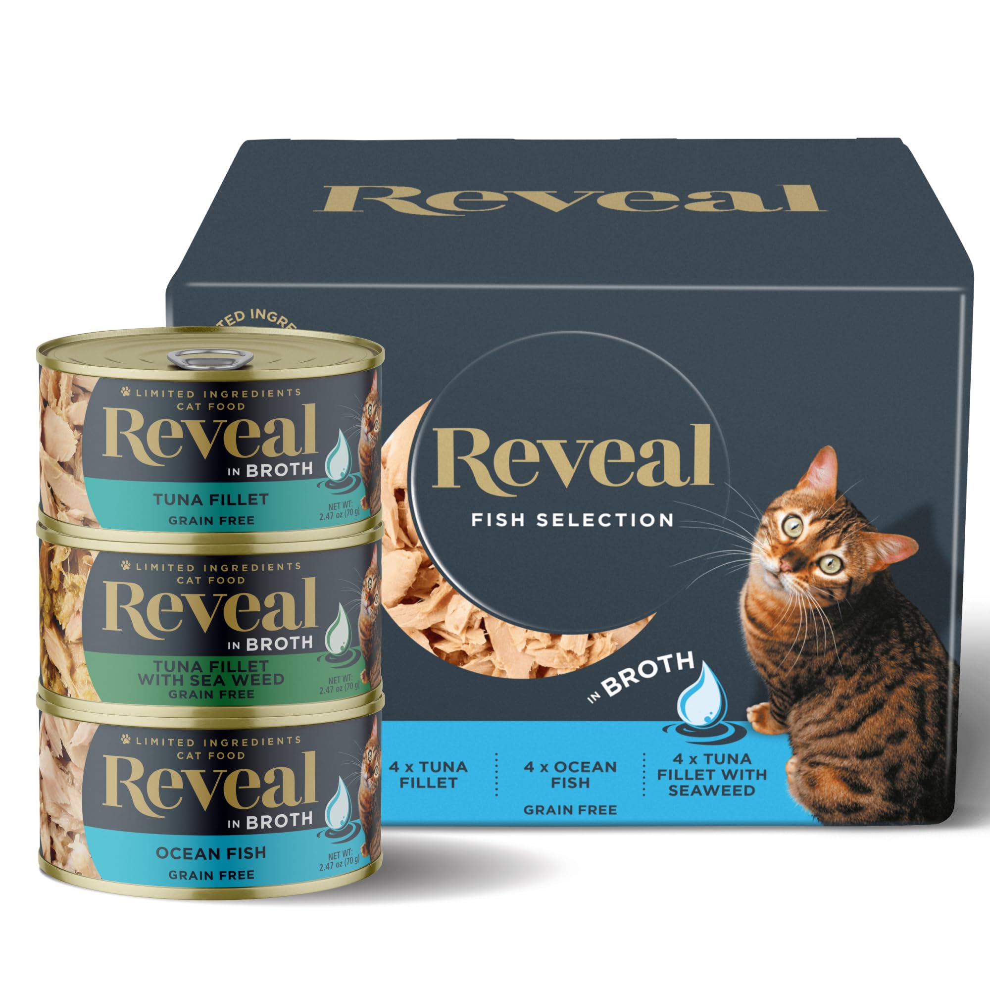 Reveal Natural Wet Cat Food, 12 Count, Grain Free, Limited Ingredient Canned Food for Cats, Fish Variety in Broth, 2.47 oz Cans