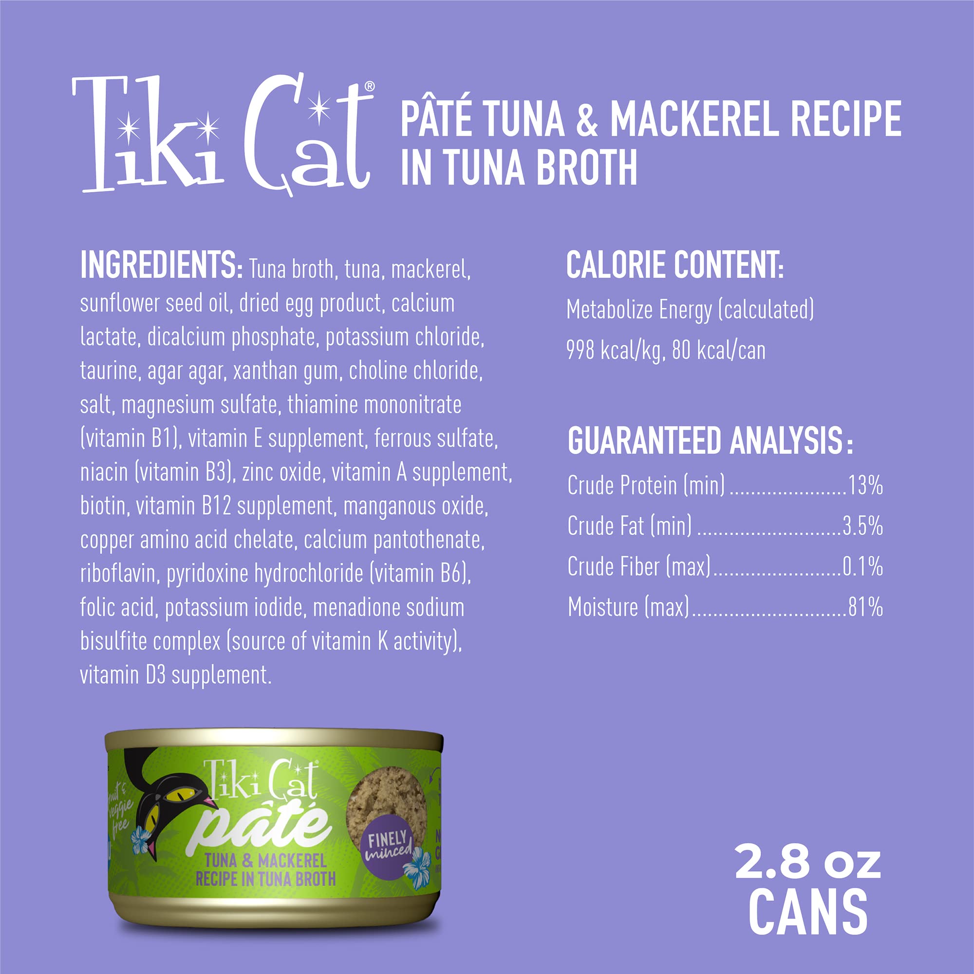 Tiki Cat Luau Pt  , Ahi Tuna & Mackerel Recipe in Tuna Consumme, Grain-Free Balanced Nutrition Wet Canned Cat Food, for All Life