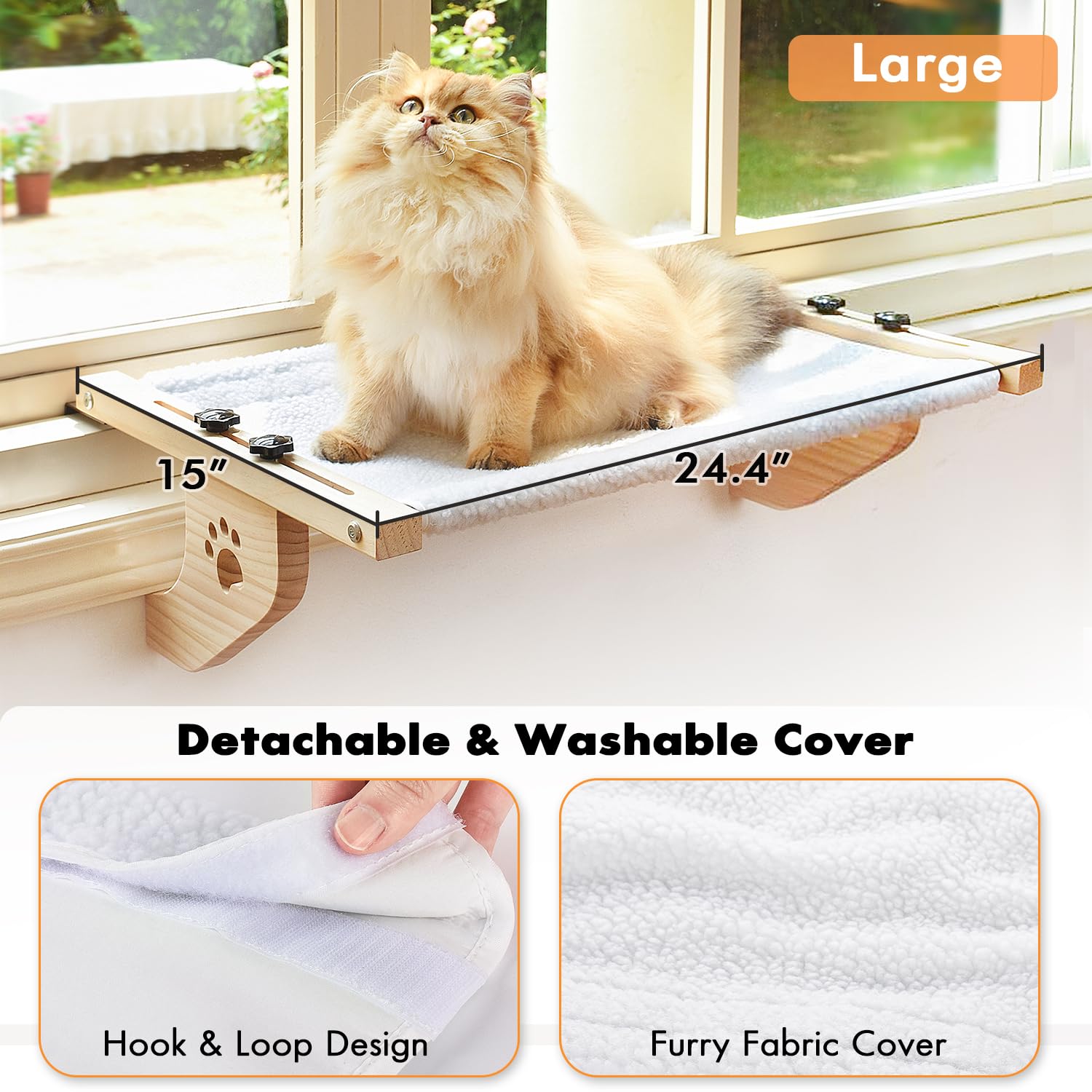 Amosijoy Cat Sill Window Perch Sturdy Cat Hammock Window Seat With Wood & Metal Frame For Large Cats, Easy To Adjust Cat Bed For Windowsill, Bedside, Drawer And Cabinet (24.4''-White Plush)