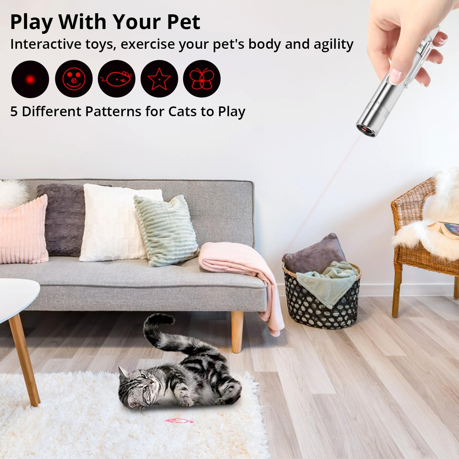 Waputne Cat Toys, Cat Toy Red Pointer For Indoor, Rechargeable, 5 Adjustable Patterns, 3 Modes Training Chaser Pet Toy Pointer, Interactive Pet Cat/Dog Toy For Cats Fun Playing Exercise