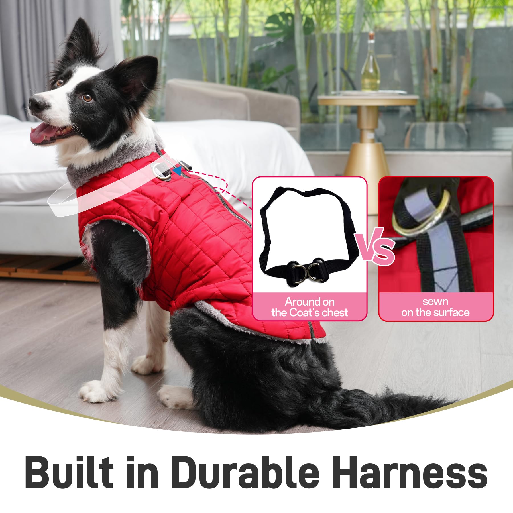 JoyDaog Warm Fleece Dog Coat with Built-in Harness, Waterproof, X-Small, Red, Ideal for Small Dogs in Cold Winter
