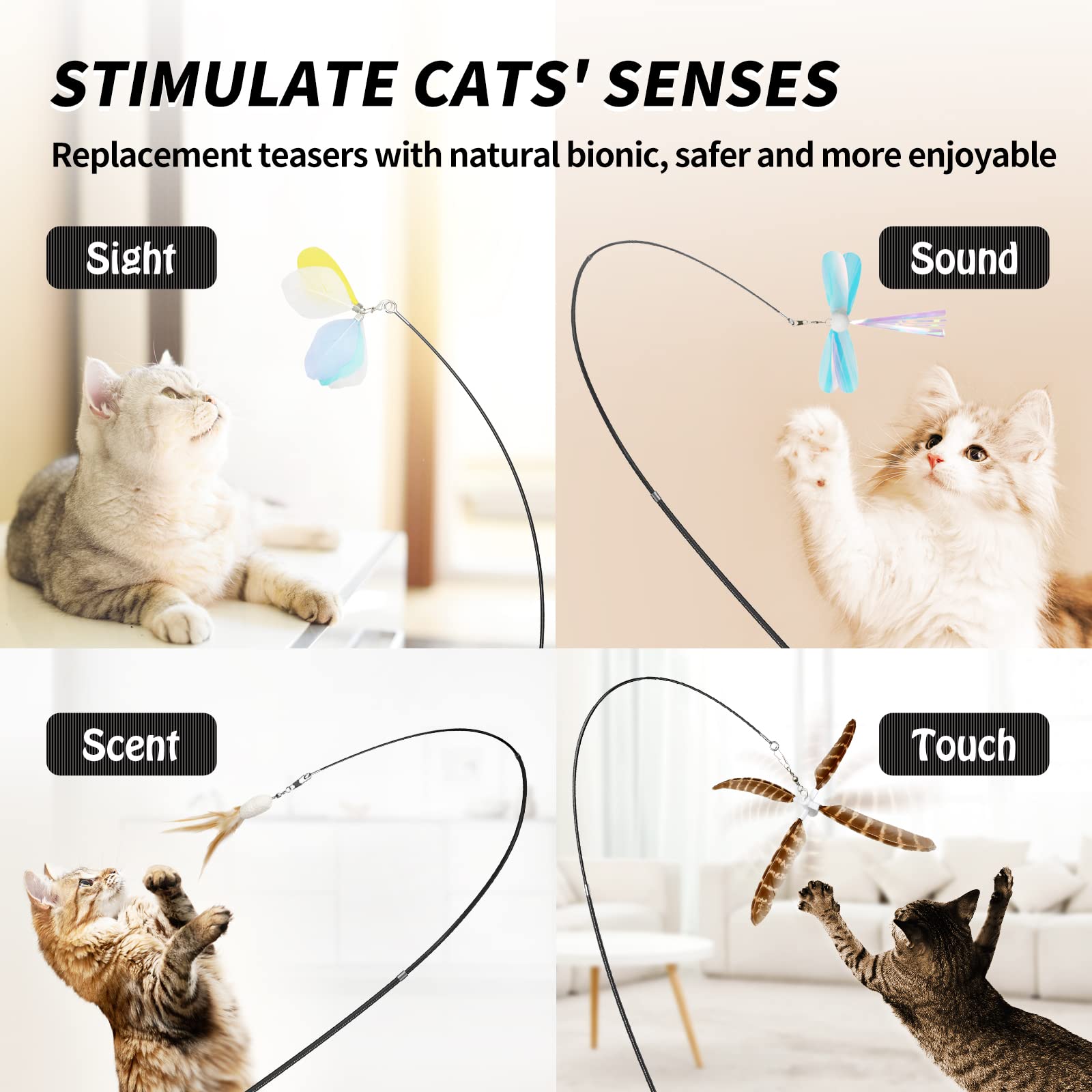 uahpet Natural Feather Cat Toys for Indoor Cats Retractable Kitten Wand 60inch Safe Hunting Distance Interactive Toys for Kitten
