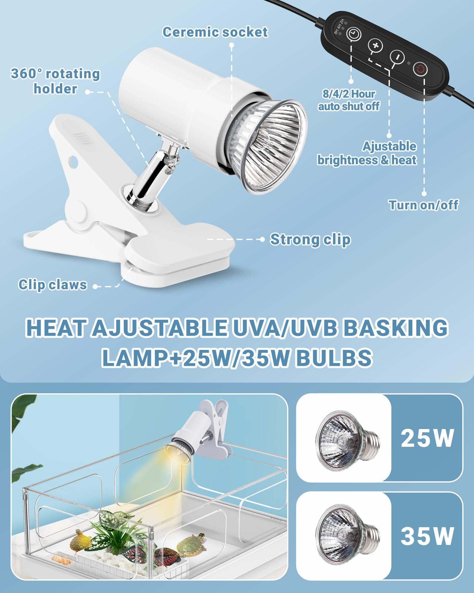 GOZILLA Small Turtle Tank Kit - Acrylic Reptile Habitat with Adjustable Lamp, White, Model GZ-390