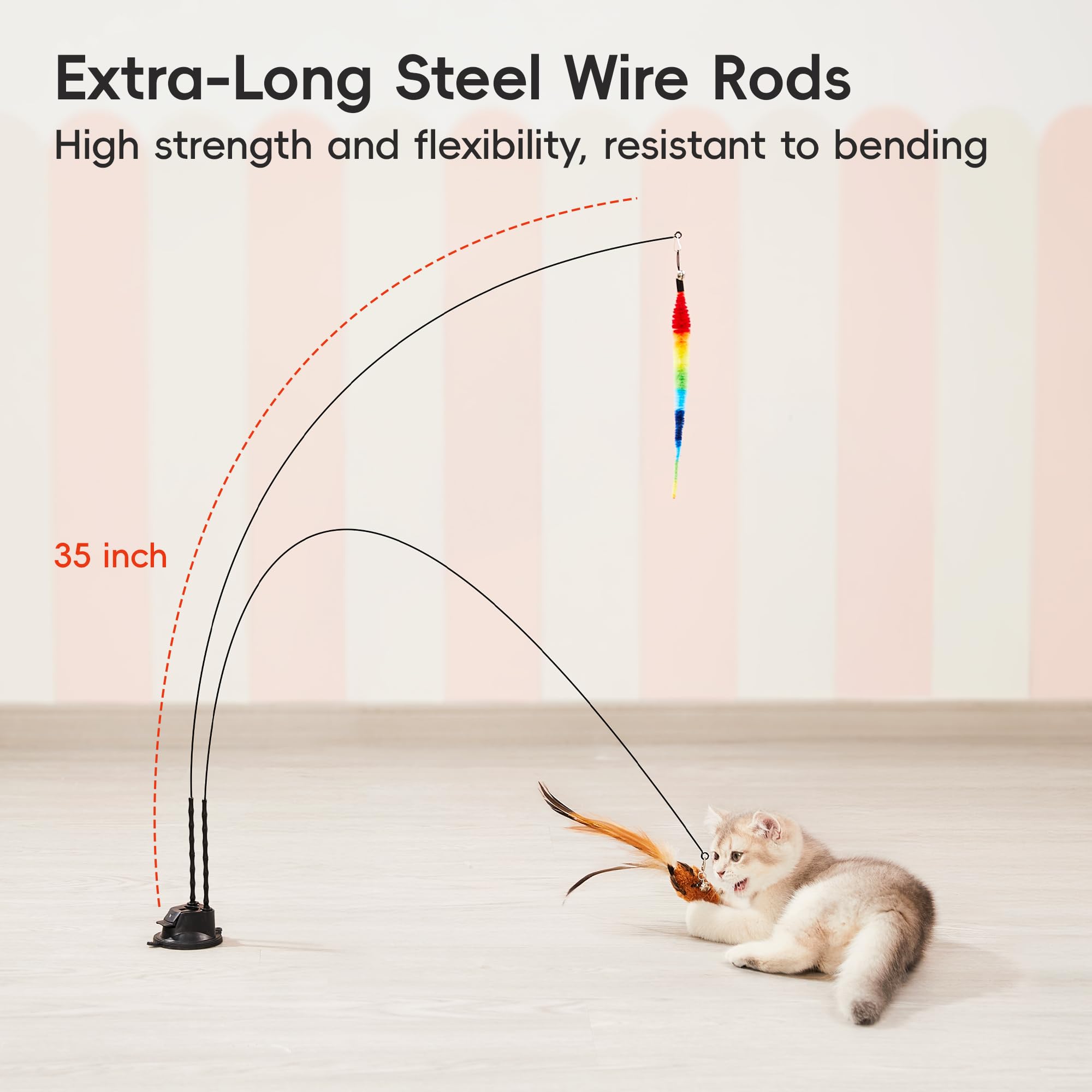 Potaroma Suction Cup Cat Wand Toys, Dual-Wand Interactive Kitten Toy For Indoor Cats With 5 Pcs Feathers Balls Attachments, Char