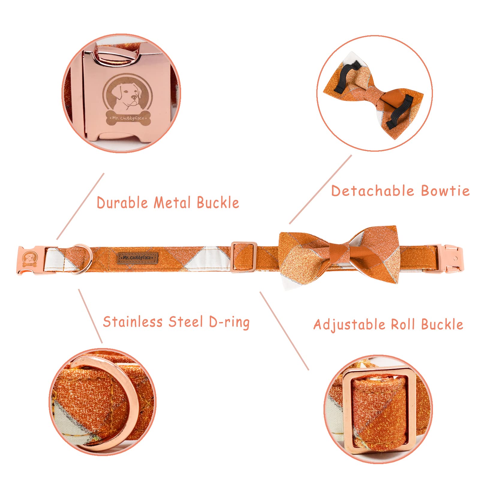 Mr. Chubbyface Fall Adjustable Dog Collar Bow Tie - Cute Plaid For Small, Medium, Large Dogs - Orange, Girl/Boy