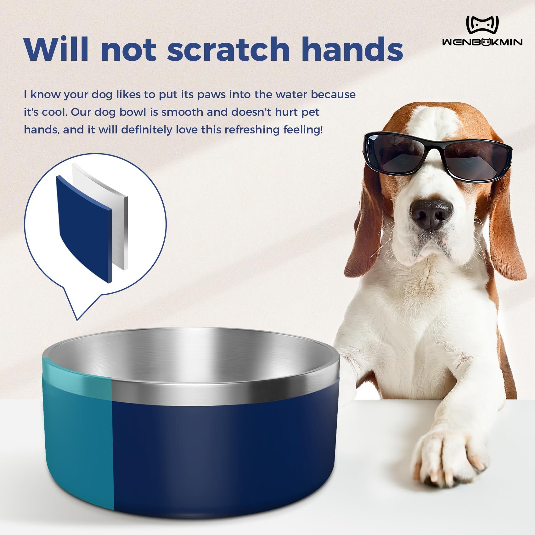 WENBOKMIN Dog Bowl, Stainless Steel Dog Food and Water Bowl with Non Slip Quiet Bottom, Easy to Clean, Dishwasher Safe, 64oz, Bl