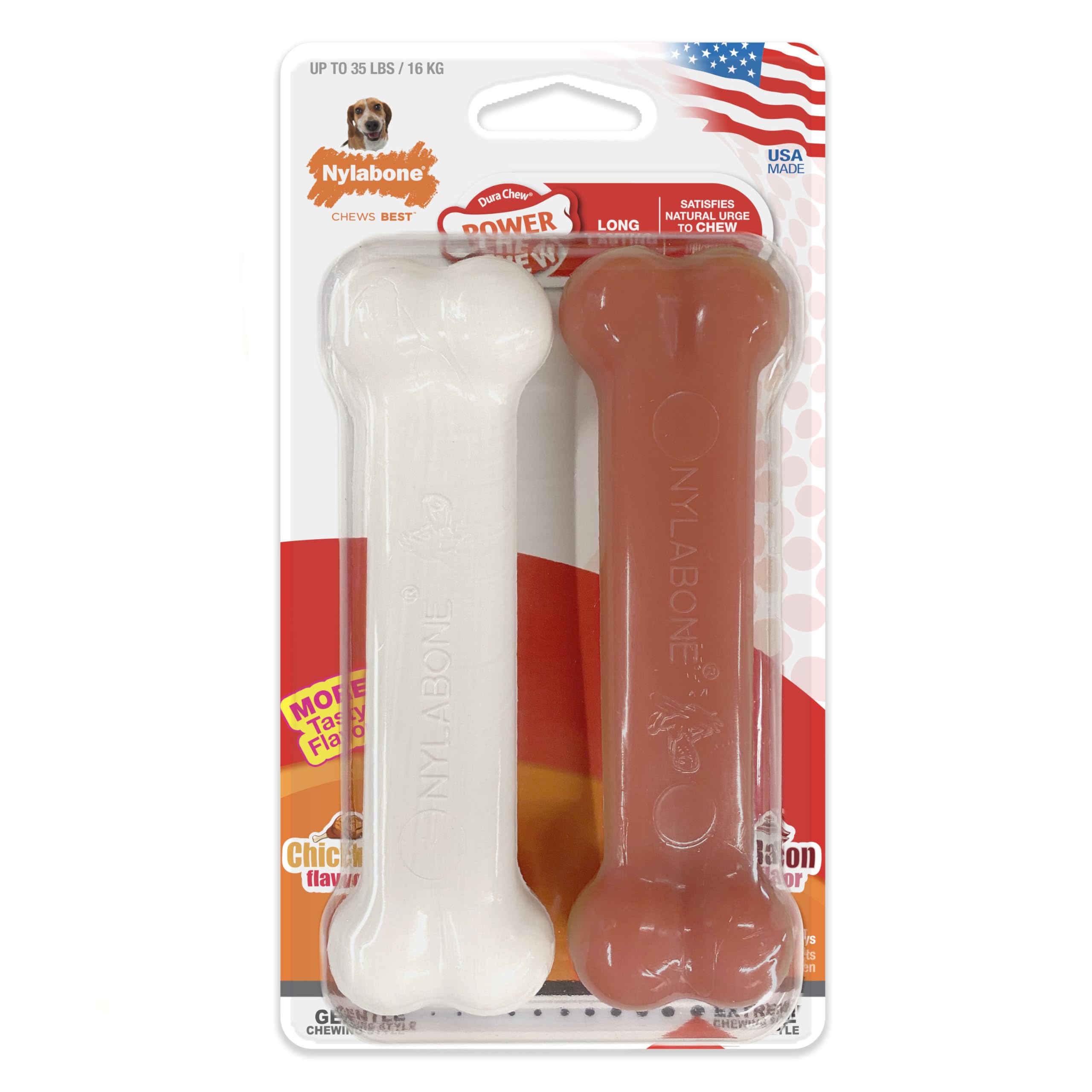 Nylabone Original Bone Power Chew Toy for Dogs, Durable Dog Toys for Aggressive Chewers, Basted Blast Bacon & Chicken Flavor, Me