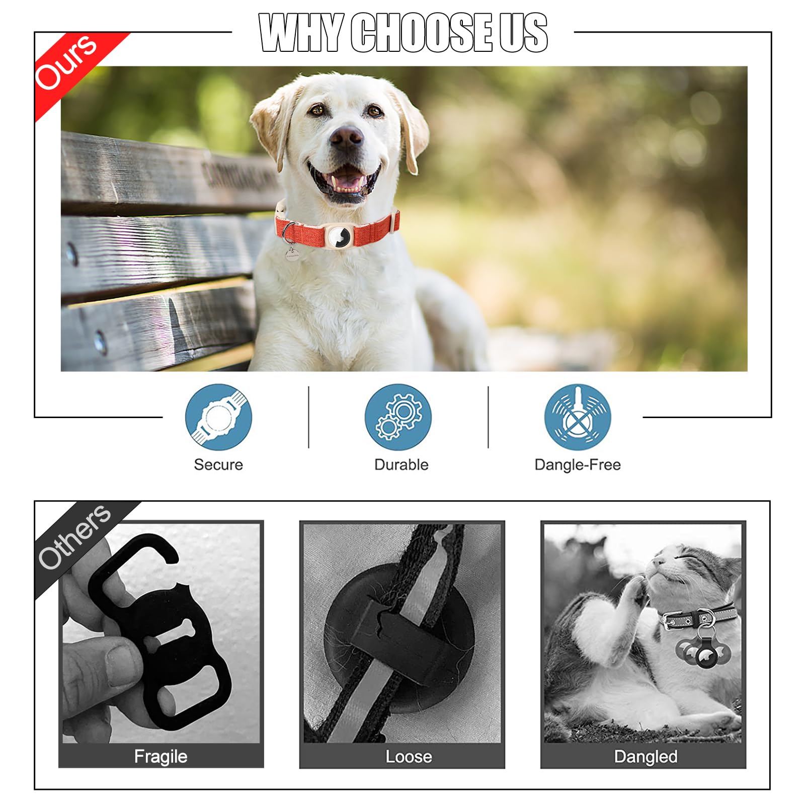 Dogwong Airtag Cotton Hemp Dog Collar, Heavy-Duty With Airtag Holder, Fall Orange, Natural Fabric, Cute Puppy Necklace For Small