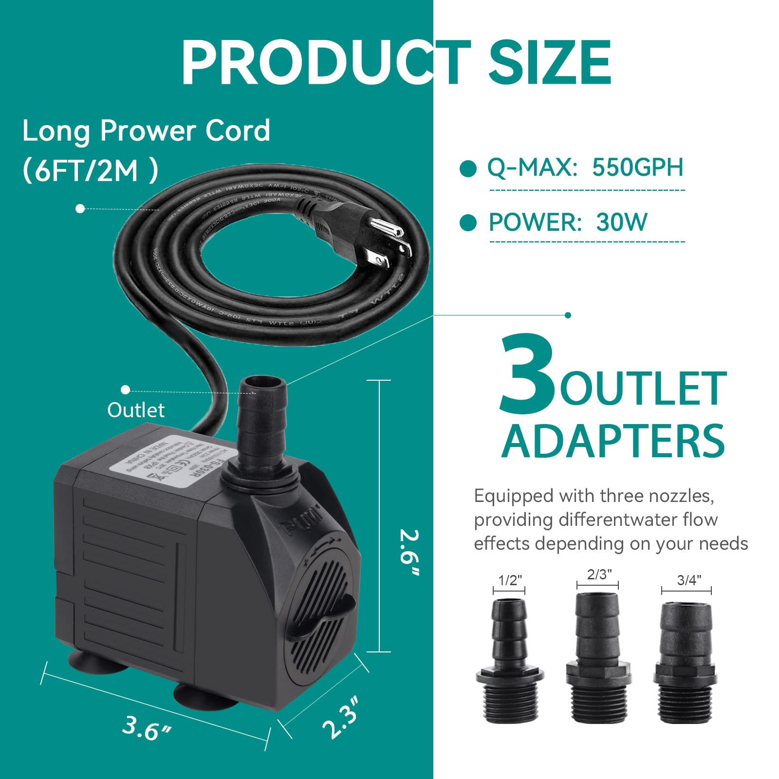 FREESEA Aquarium Submersible Fountain Pump: 30W 550GPH Adjustable Quiet Water Pumps with 7.2ft High Lift for Small Pond | Waterf