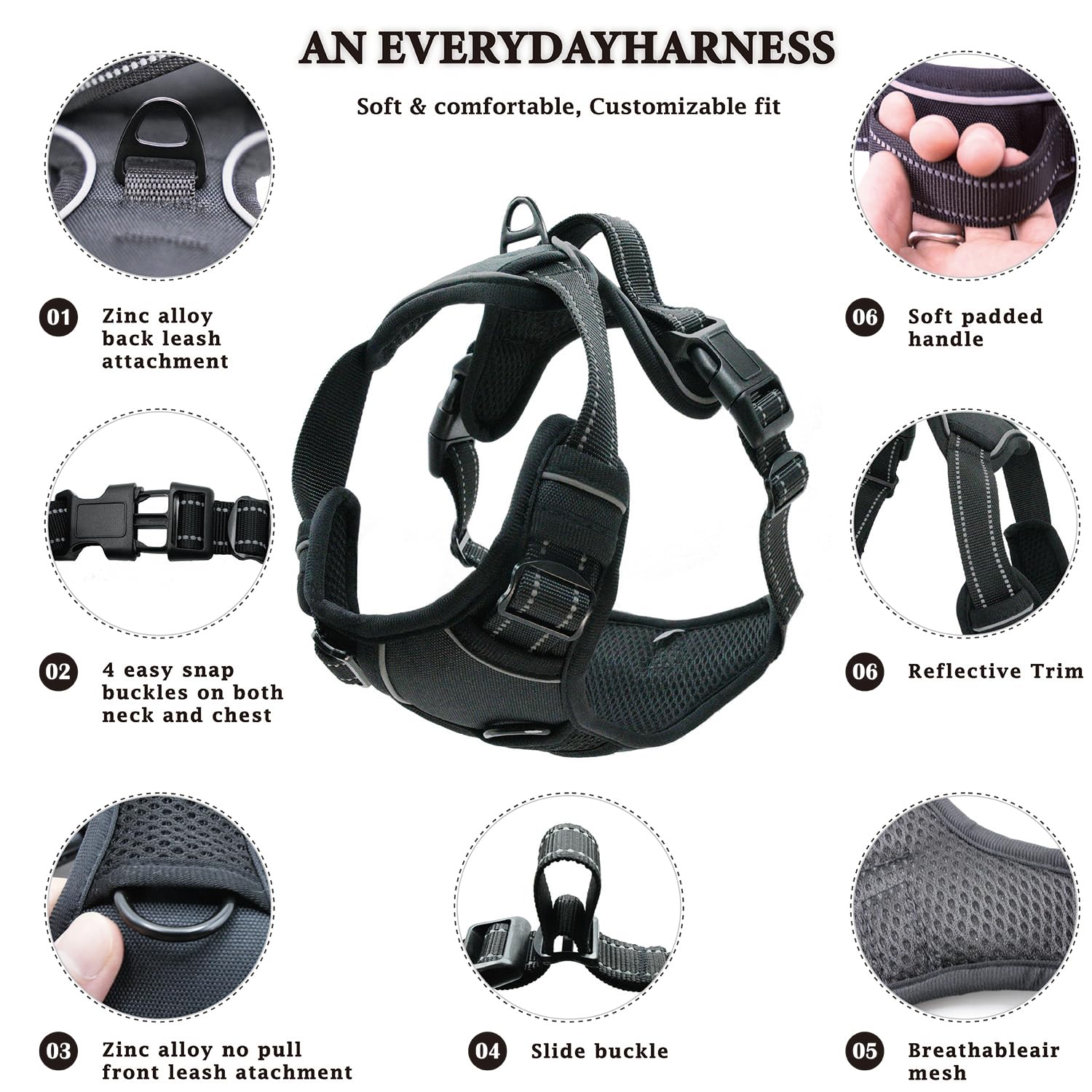 Gavpepy No Pull Dog Harness, Reflective Comfortable Vest Harness With Front & Back Easy Control Handle Adjustable Soft Padded Pe