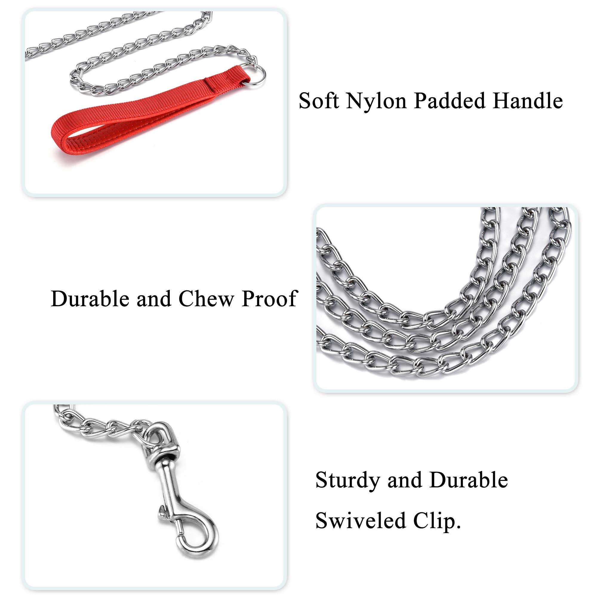 Filhome Metal Dog Leash Chew Proof Dog Chain Leash 4Ft Heavy Duty Sturdy Pet Dog Leash With Red Padded Handle For Large Medium Dogs