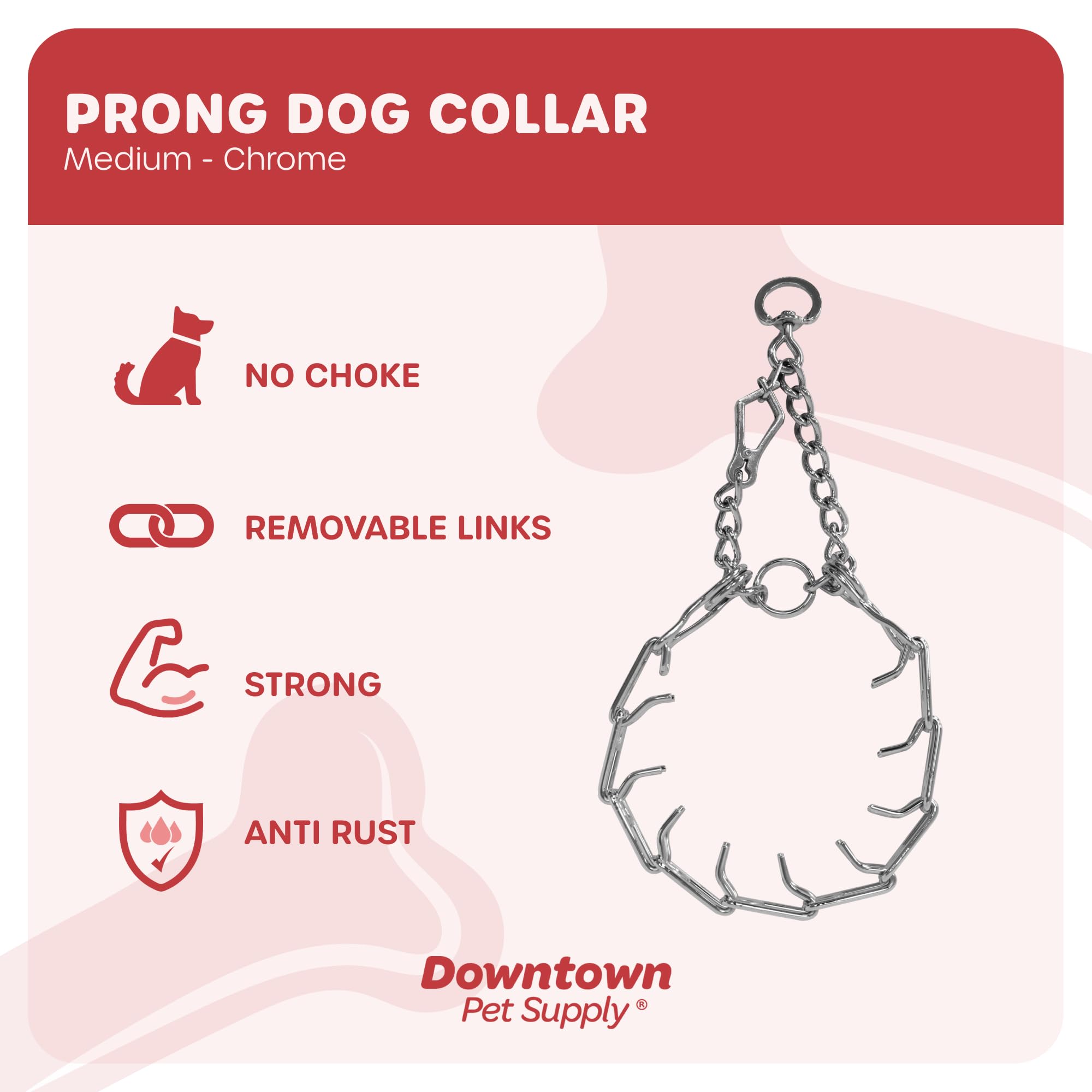 Downtown Pet Supply Chrome Plated Prong Collar For Dogs, Medium - Adjustable, No-Choke And No Pull Dog Collar With Removable Links - Pinch Collar For Dogs 20-40 Lbs And 20' Neck Width