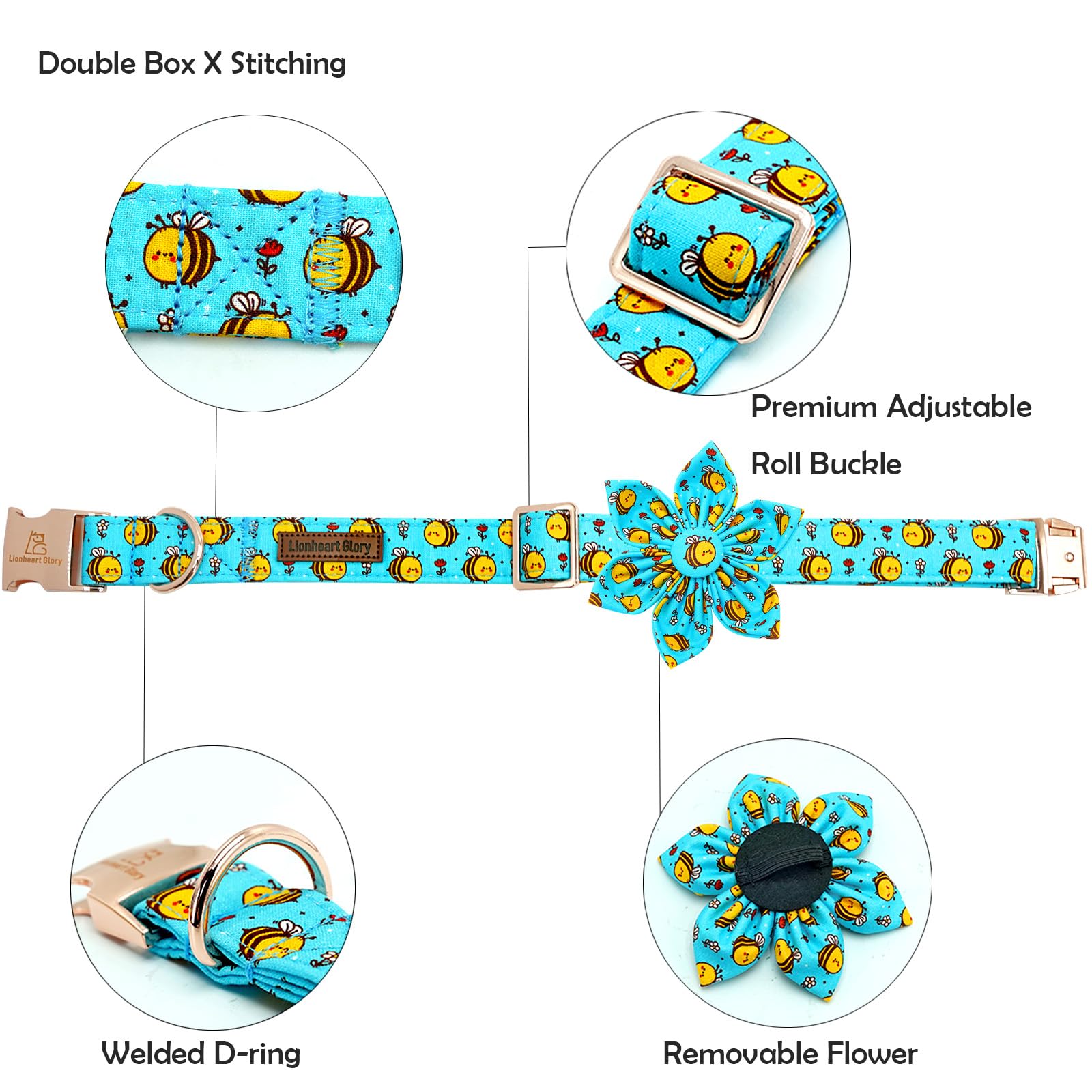 Lionheart Glory Dog Collar With Flower Dog Collar For Medium Dogs, Bees Print Dog Flower Collars Spring Blue Cute Collars Pet Co