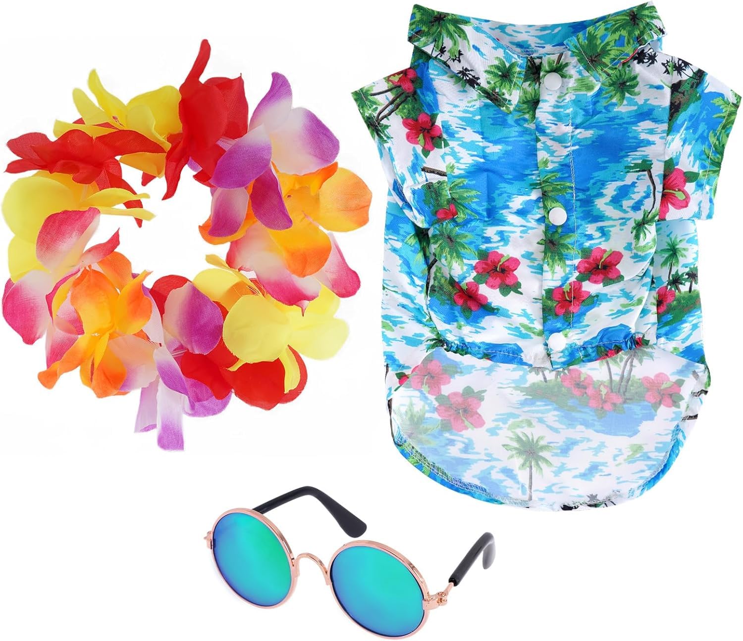 Haakong 3 Pieces Pet Hawaiian Costume Summer Shirts Sunglasses And Wreath For Small To Medium Dog Cat (Large)