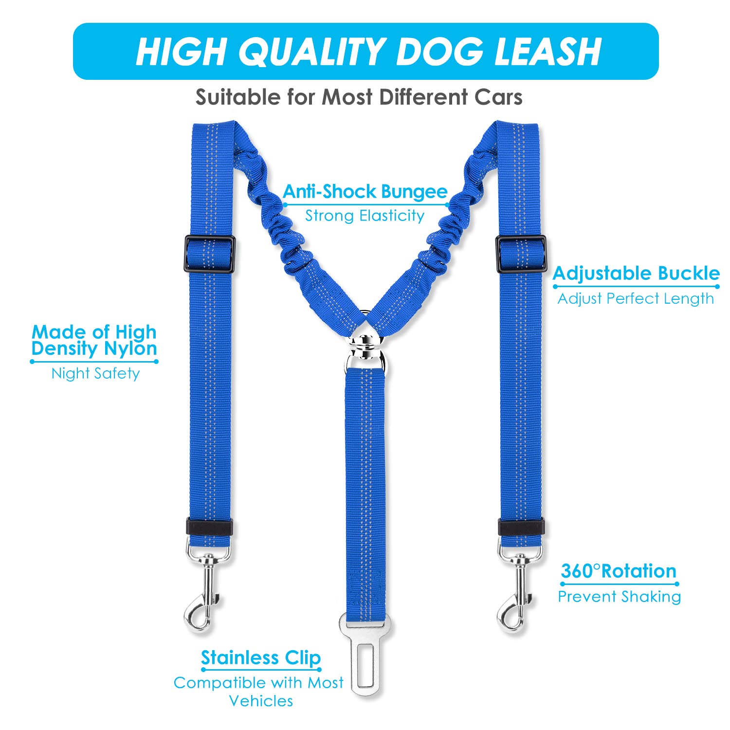 Slowton Dog Seat Belt, Double Dog Seatbelt Adjustable Vehicle Safety Leash With Elastic Bungee Buffer, Reflective No Tangle Y Shape Two Dog Harness Seat Belt Splitter For Pets Car Trip (Light Blue, S)