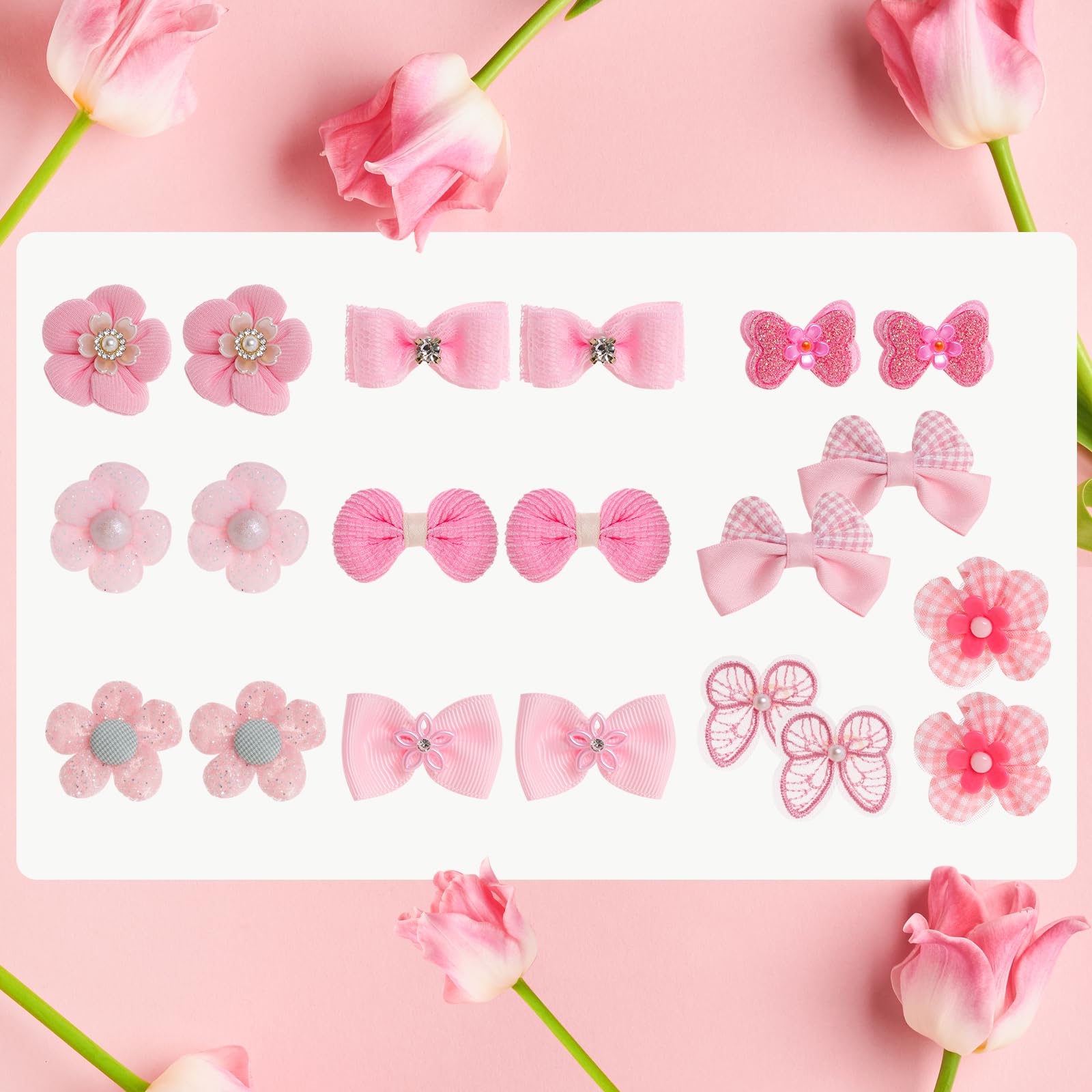 20Pcs Light Pink Small Dog Hair Bows Cute Puppy Dog Bowknot Hair Bow Bulk with Rubber Bands Elastic Lace Rhinestone Pearls Hair