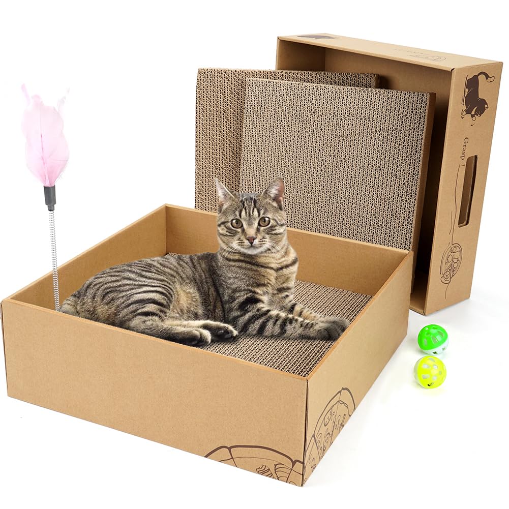 2 Pack Cat Scratcher Box With 3 Pcs Scratching Pads, Reversible Corrugated Cardboard Lounge Bed With Feather Toy And Balls Recyc