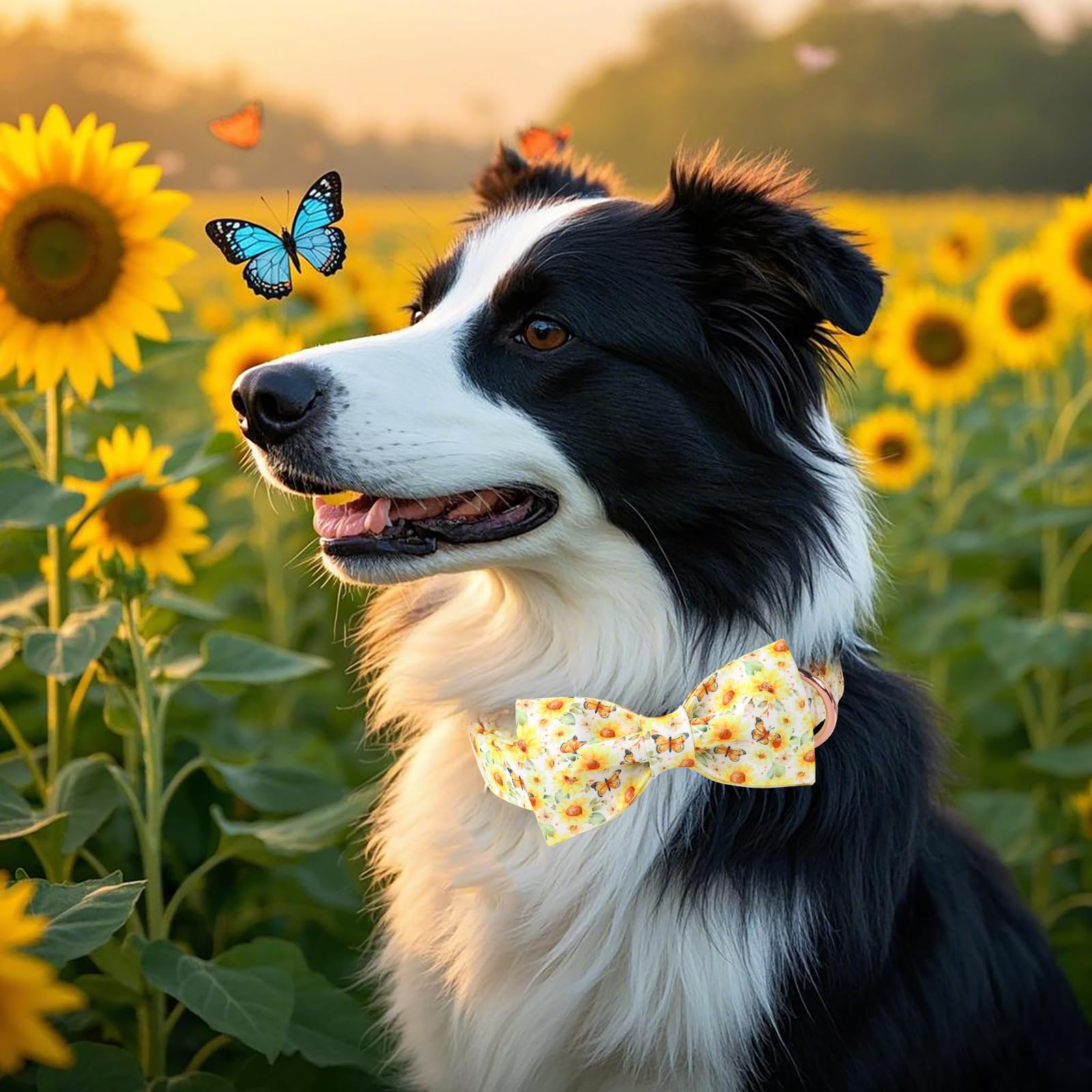 Babole Pet Floral Dog Collar With Bow Tie - Adjustable Yellow Sunflower Bowtie Collar Breathable Comfort Spring-Summer Dog Colla