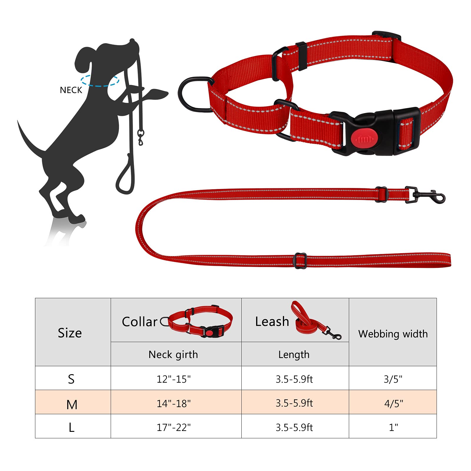 Martingale Dog Collar And Leash Set Martingale Collars For Dogs Reflective Martingale Collar For Small Medium Large Dogs(Red&L)