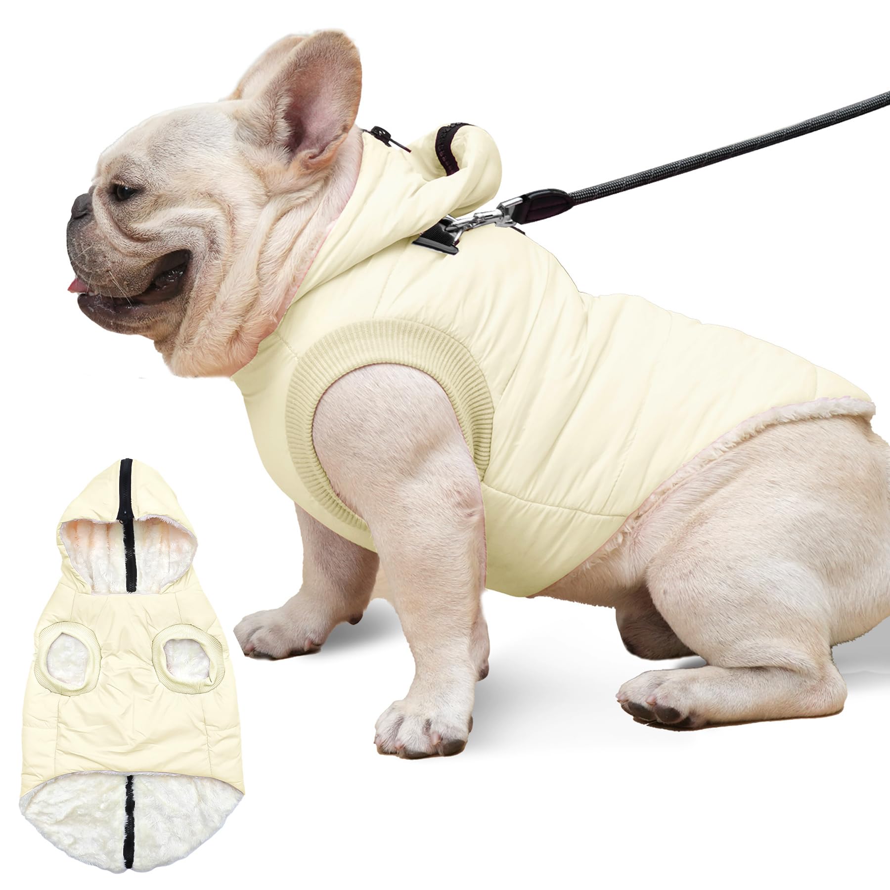 Vecomfy Fleece Lining Dog Hoodie With Harness Built In,Extra Warm Medium Dog Jacket In Winter Doggie Coats With Hooded,Light Yellow L