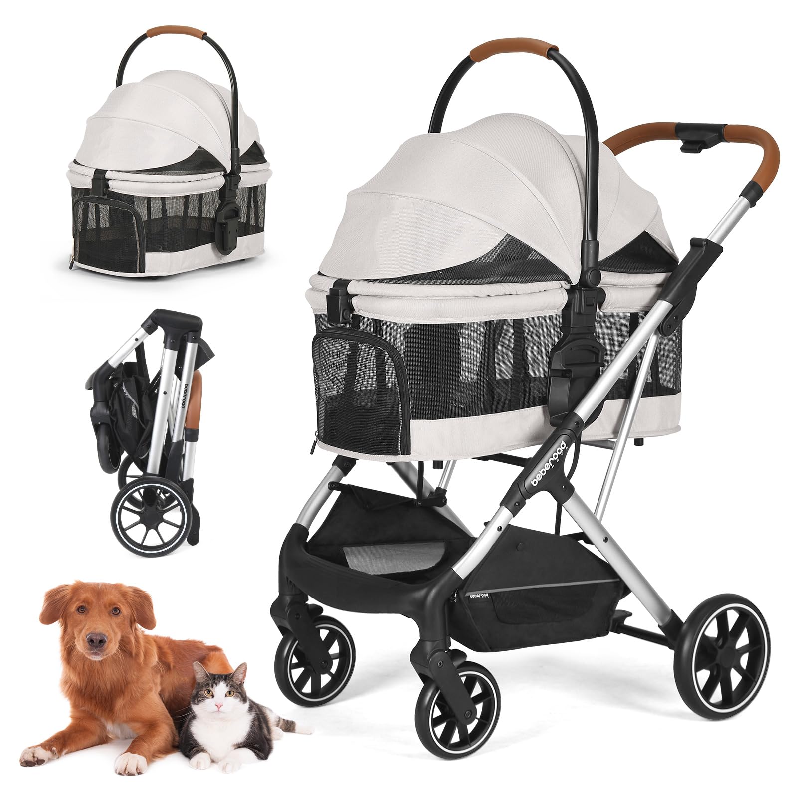 Beberoad Pets T6 Luxury Pet Stroller For Medium Dogs & Cats Under 66Lbs, 3-In-1 Dog Stroller With Detachable Carrier (Beige)