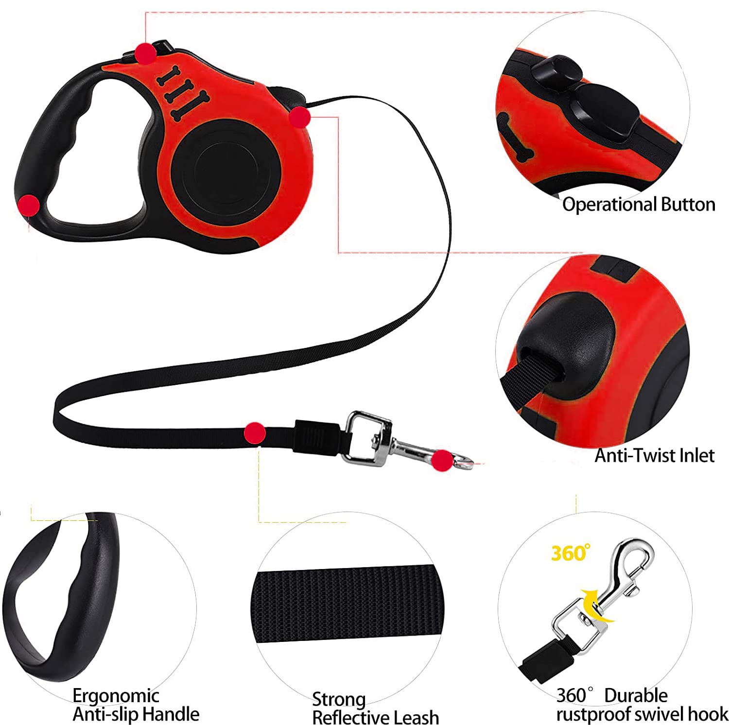 Retractable Dog Leash,Heavy Duty Dog Leash Retractable,Dog Walking Leash For Small Dog Or Cat Up To 26 Lbs,360° Tangle-Free Strong Nylon Tape,Anti-Slip Handle,With Waste Bag Dispenser(16Ft Red)